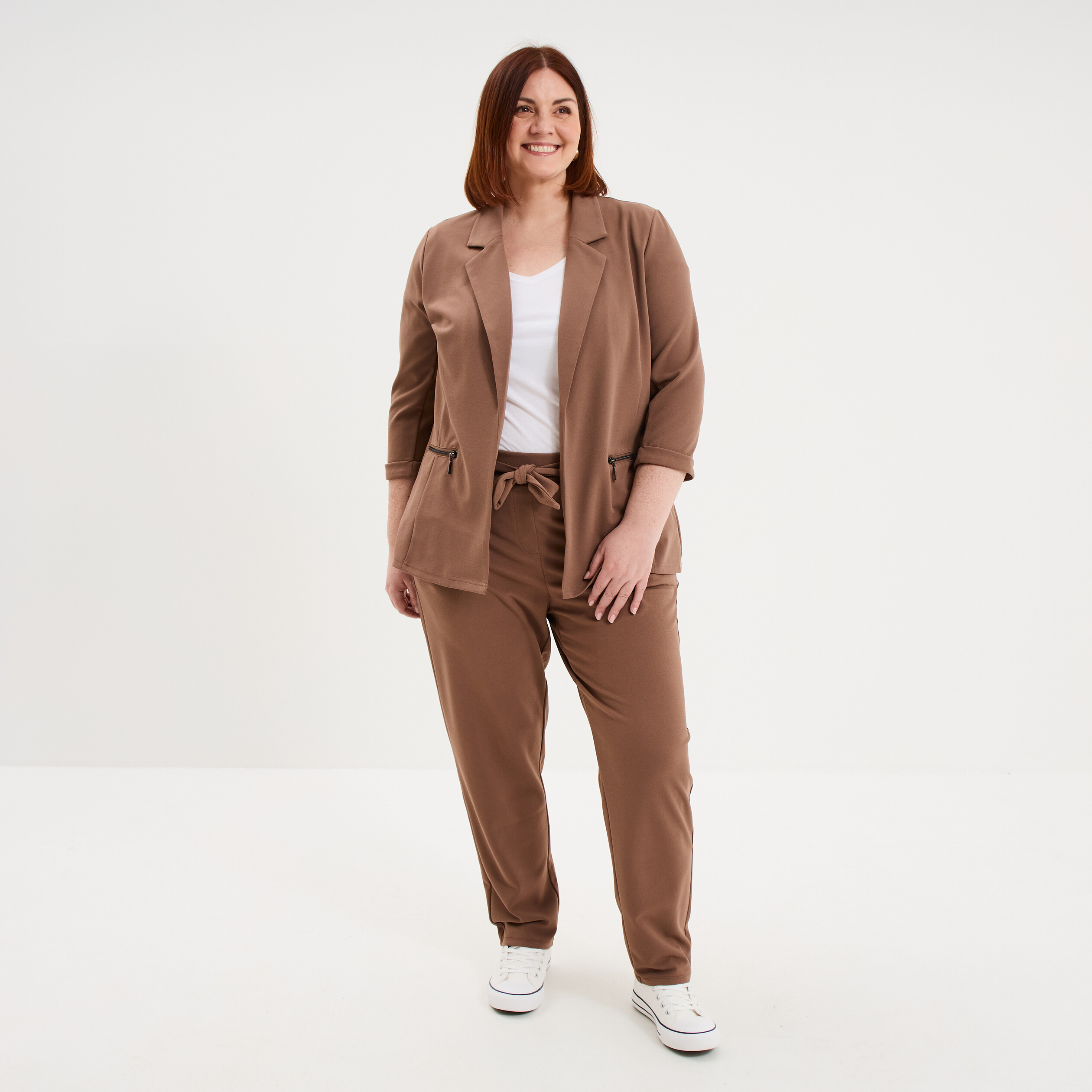 Veste blazer maille cr&ecirc;pe manches 3/4 marron clair femme grande taille