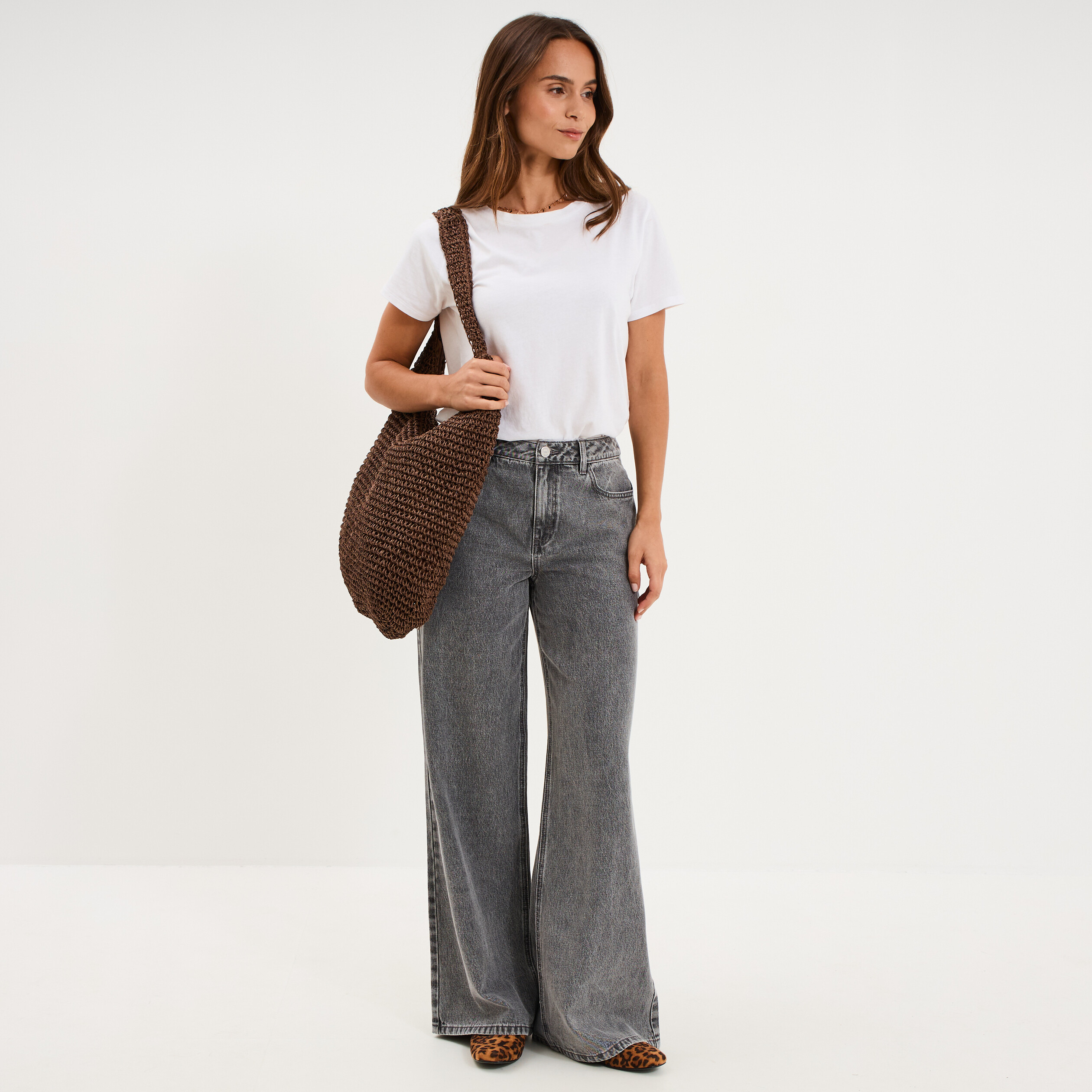 Jeans extra wide leg taille haute denim gris femme