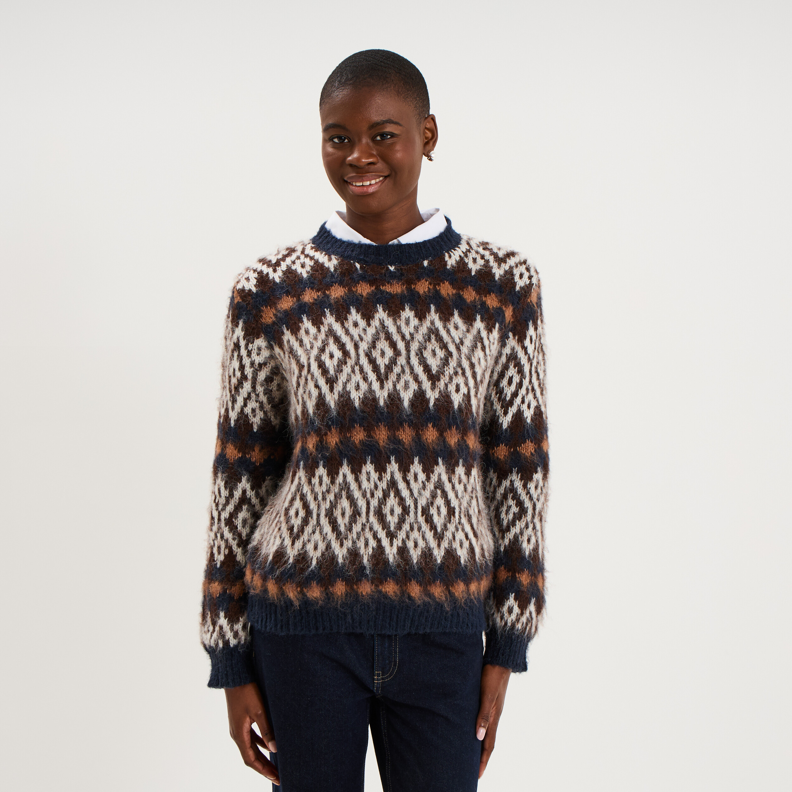 Pull manches longues col rond marron femme