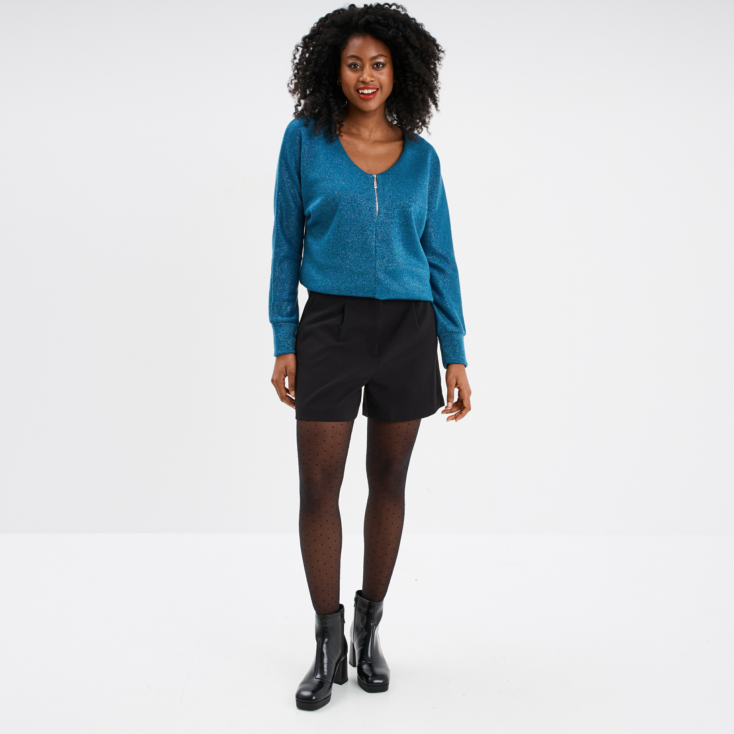pull chauve souris col en v detail zippe bleu petrole femme Pull chauve-souris col en V détail zippé bleu pétrole femme