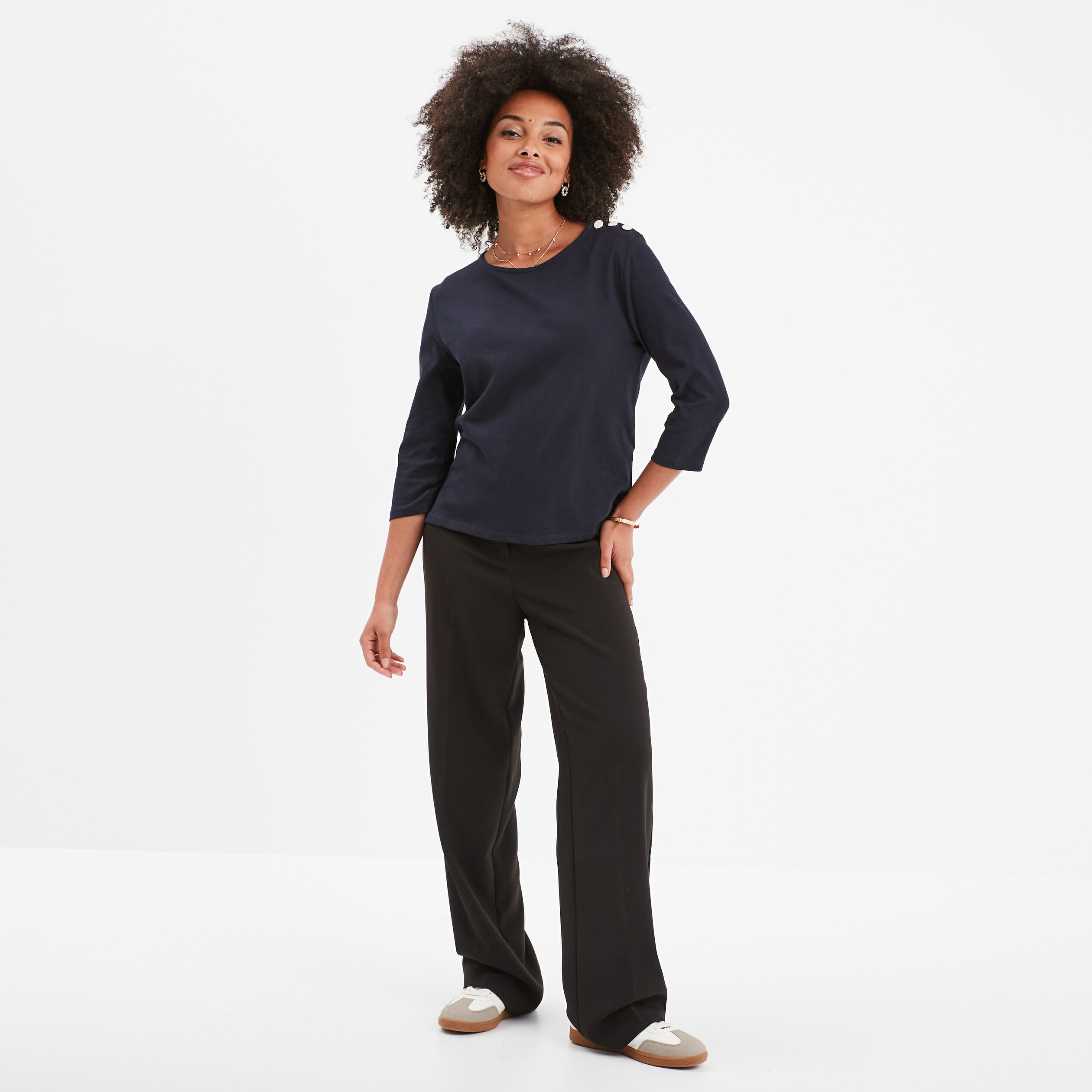 t shirt manches 34 col rond coton bleu fonce femme T-shirt manches 3/4 col rond coton bleu foncé femme