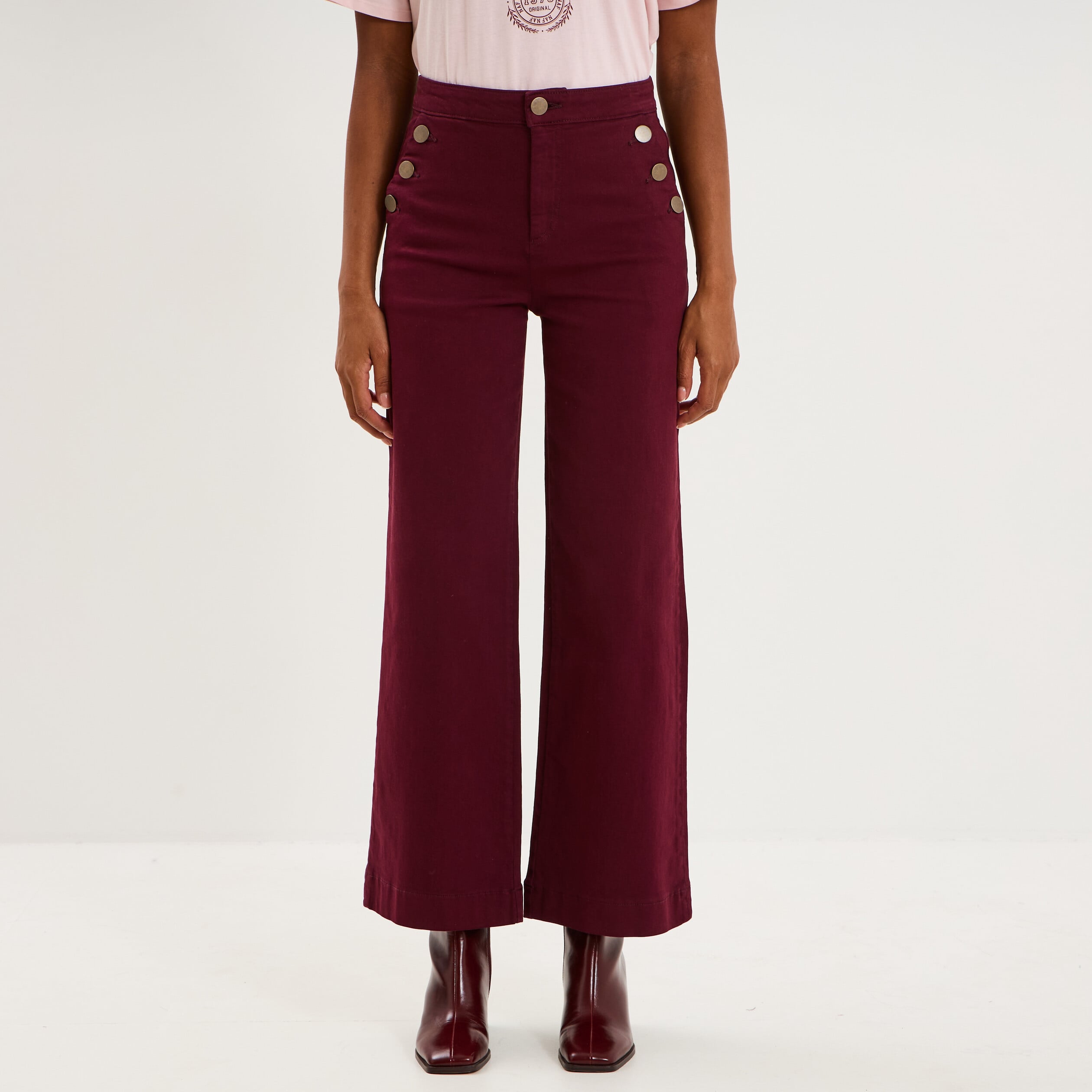 Pantalon wide leg cropped &agrave; boutons violet fonc&eacute; femme