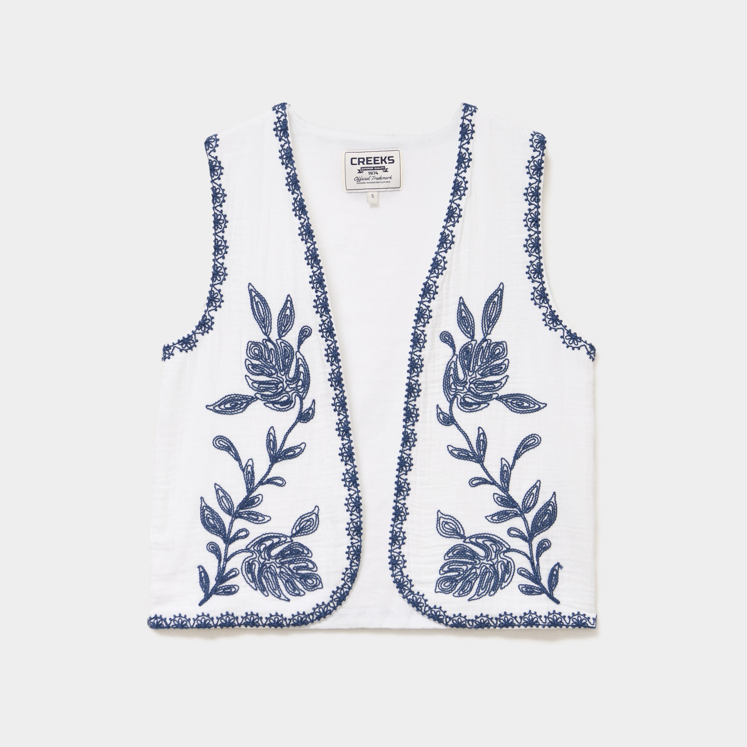 Gilet sans manches brod&eacute; gaze de coton blanc femme