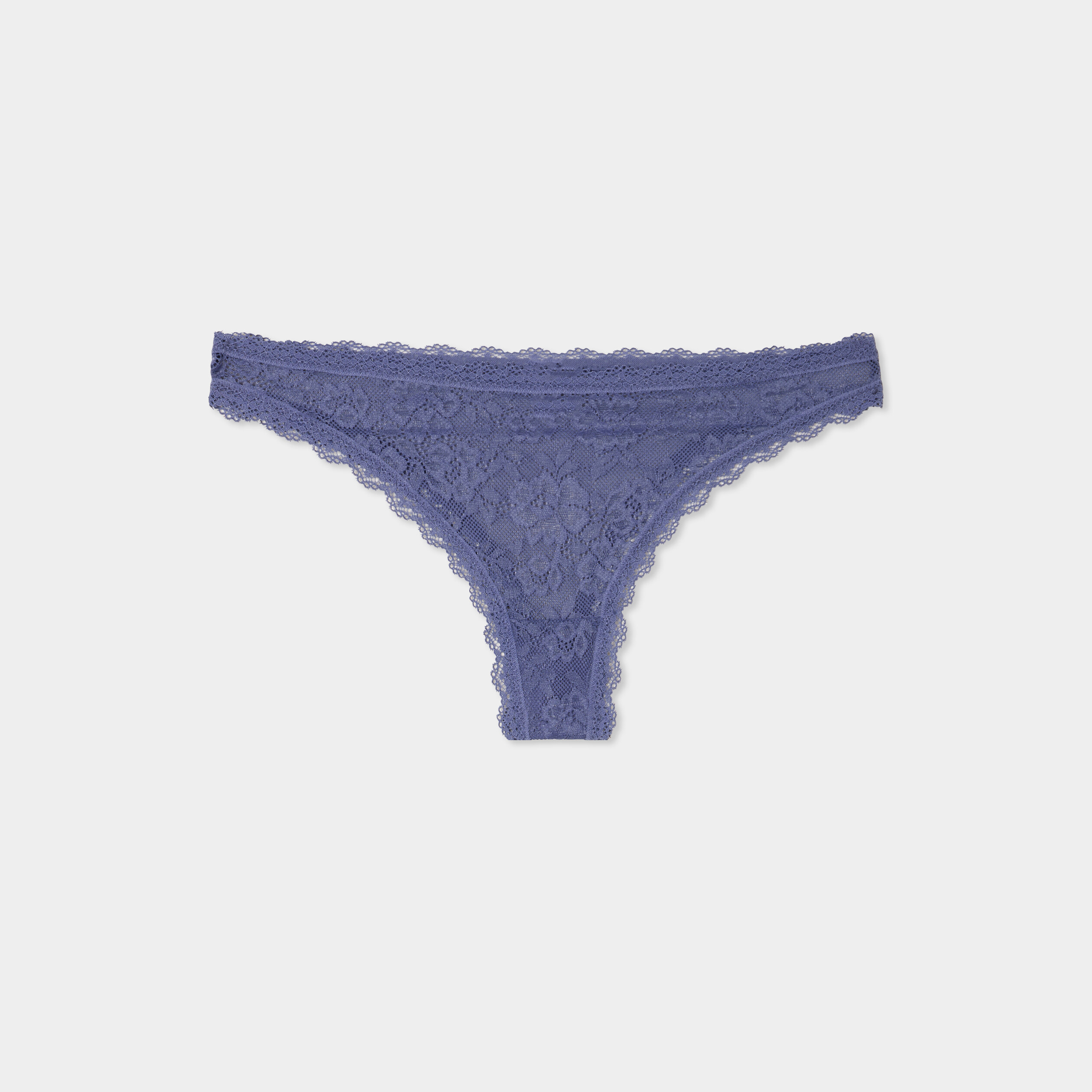 Tanga en dentelle doublure coton bleu gris femme