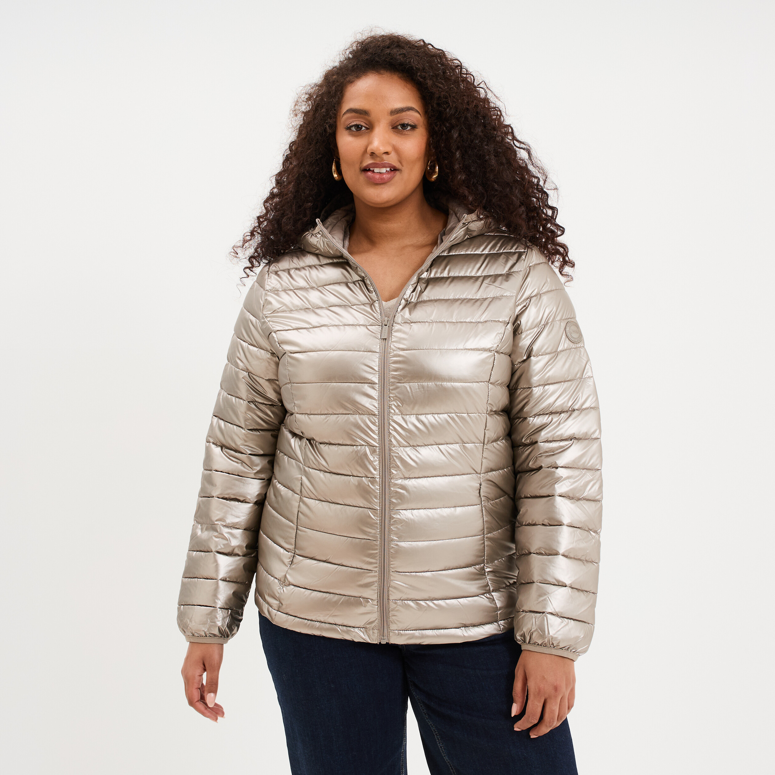 Doudoune d&eacute;perlante m&eacute;tallis&eacute;e &agrave; capuche jaune or femme grande taille