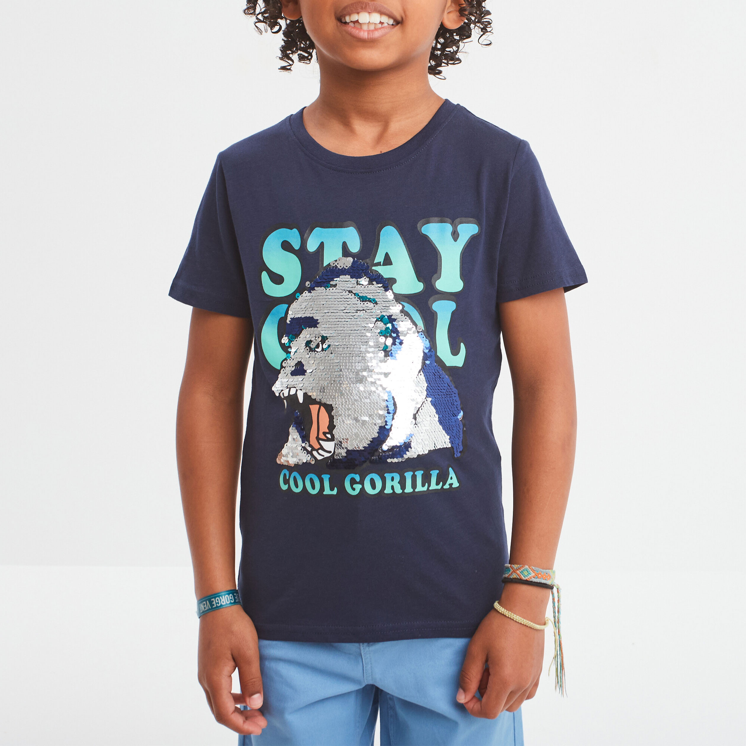 T-shirt sequins r&eacute;versibles bleu marine gar&ccedil;on