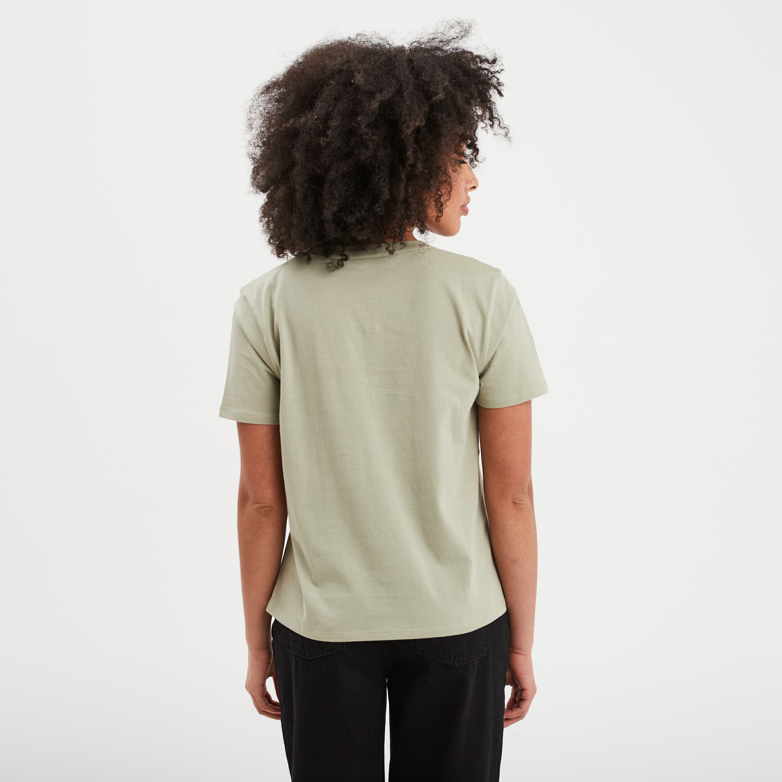 T-shirt col rond manches courtes coton vert kaki femme