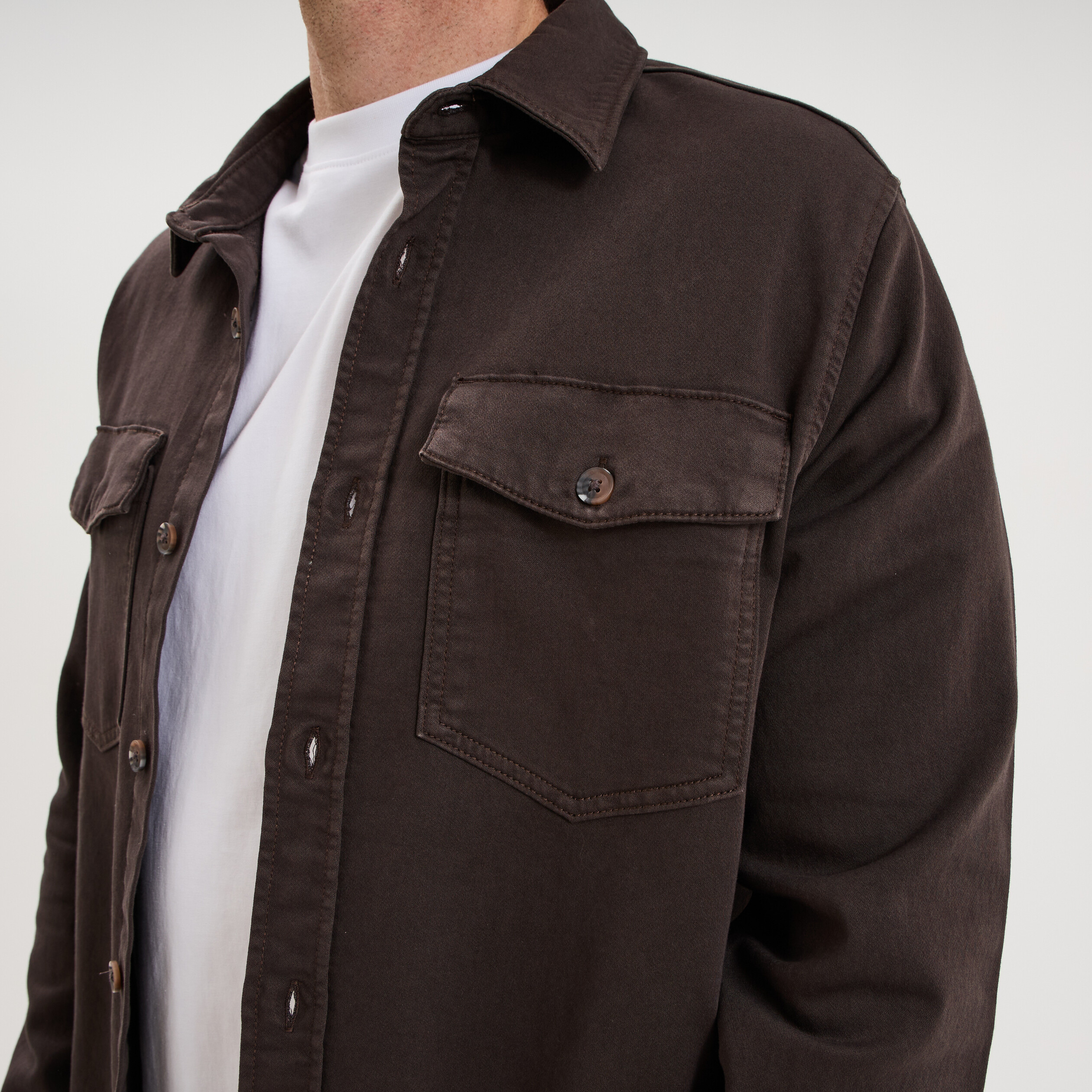 Surchemise droite m&eacute;lange coton stretch marron fonc&eacute; homme