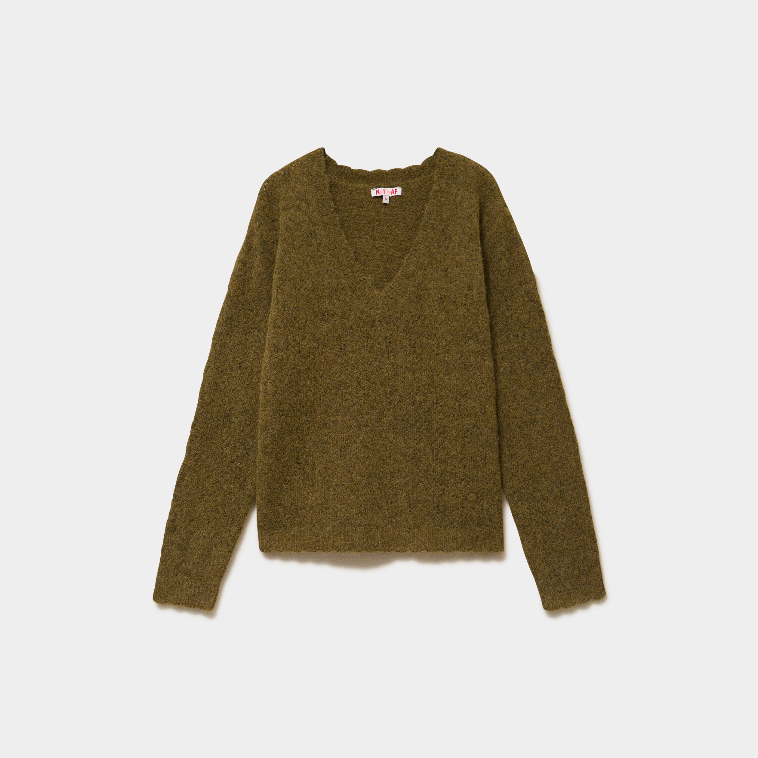 Pull col V ajour&eacute; manches longues vert olive femme