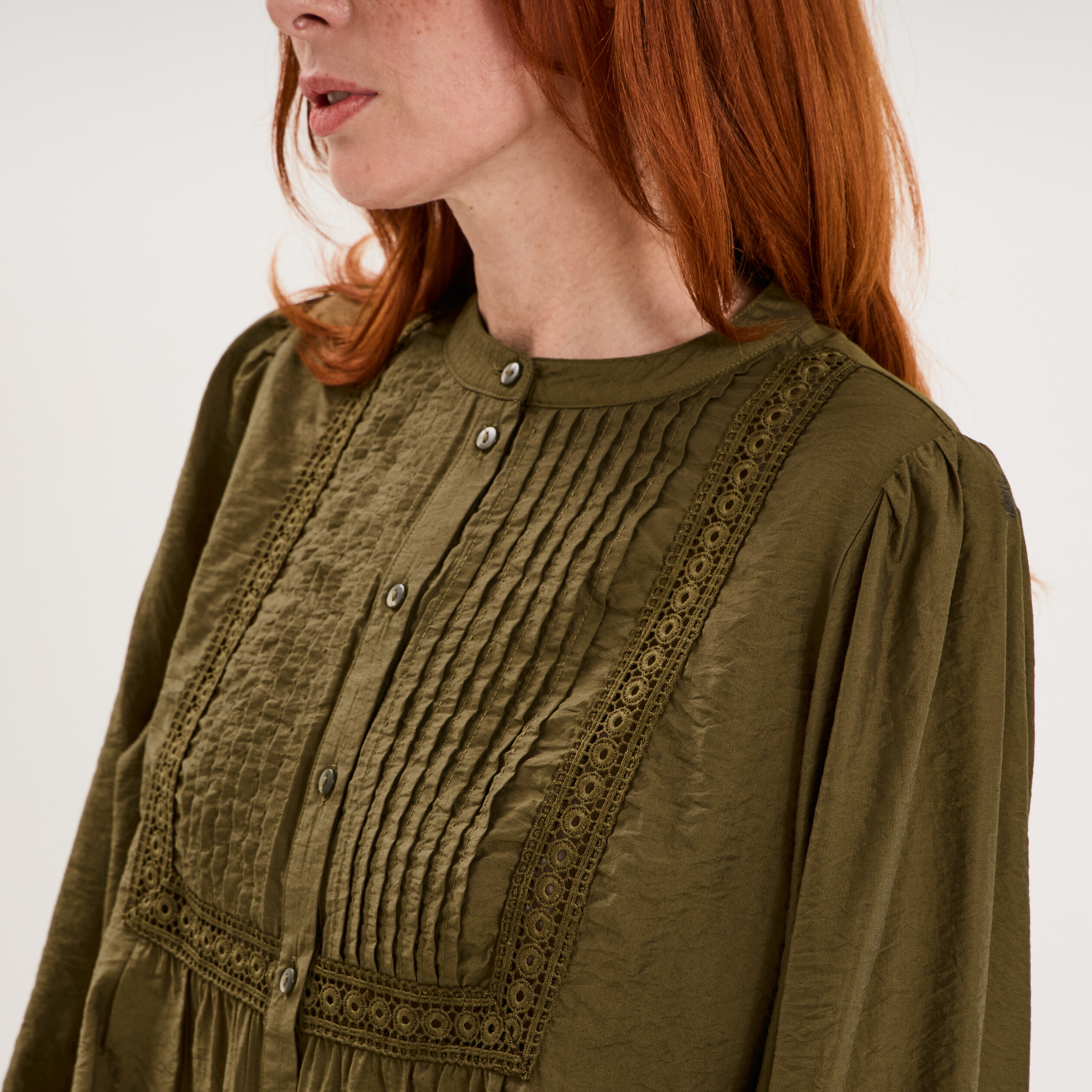 Blouse manches longues galons et fronces vert kaki femme