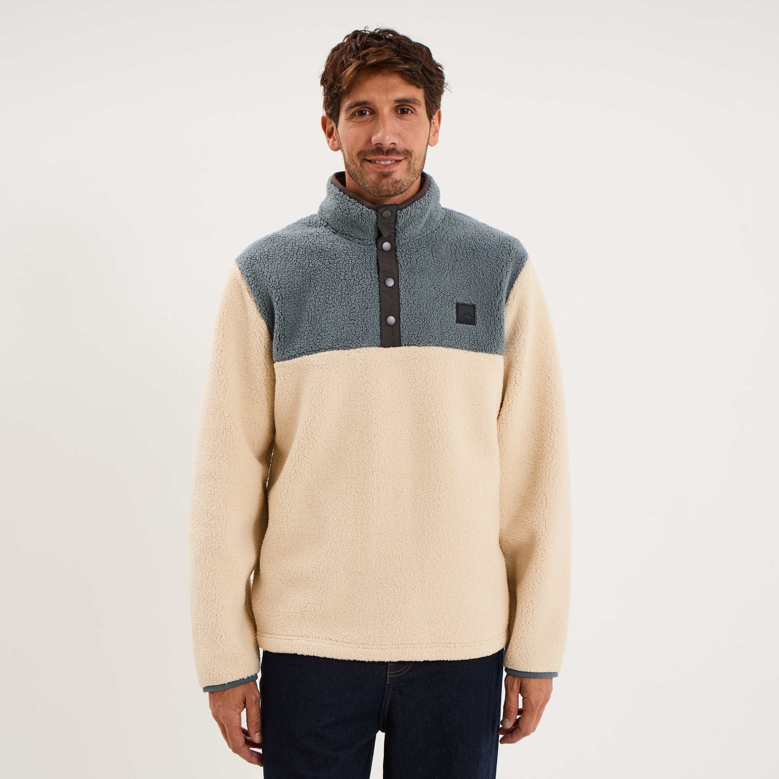 Sweat polaire col camionneur boutons ecru homme