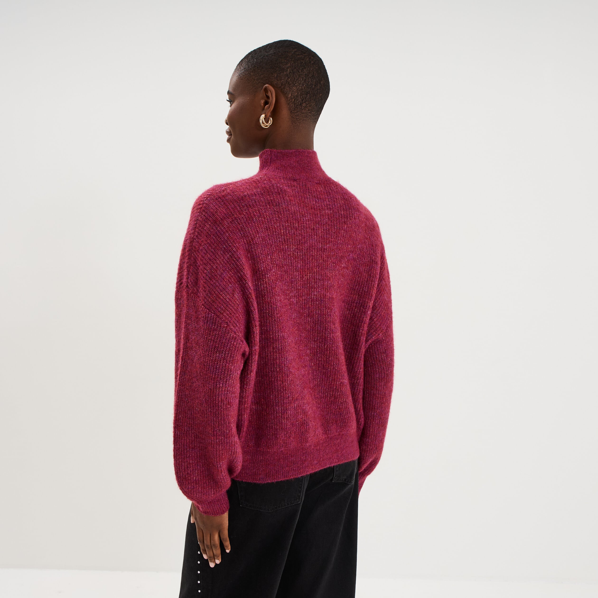 Pull col montant manches longues amples rouge fonc&eacute; femme