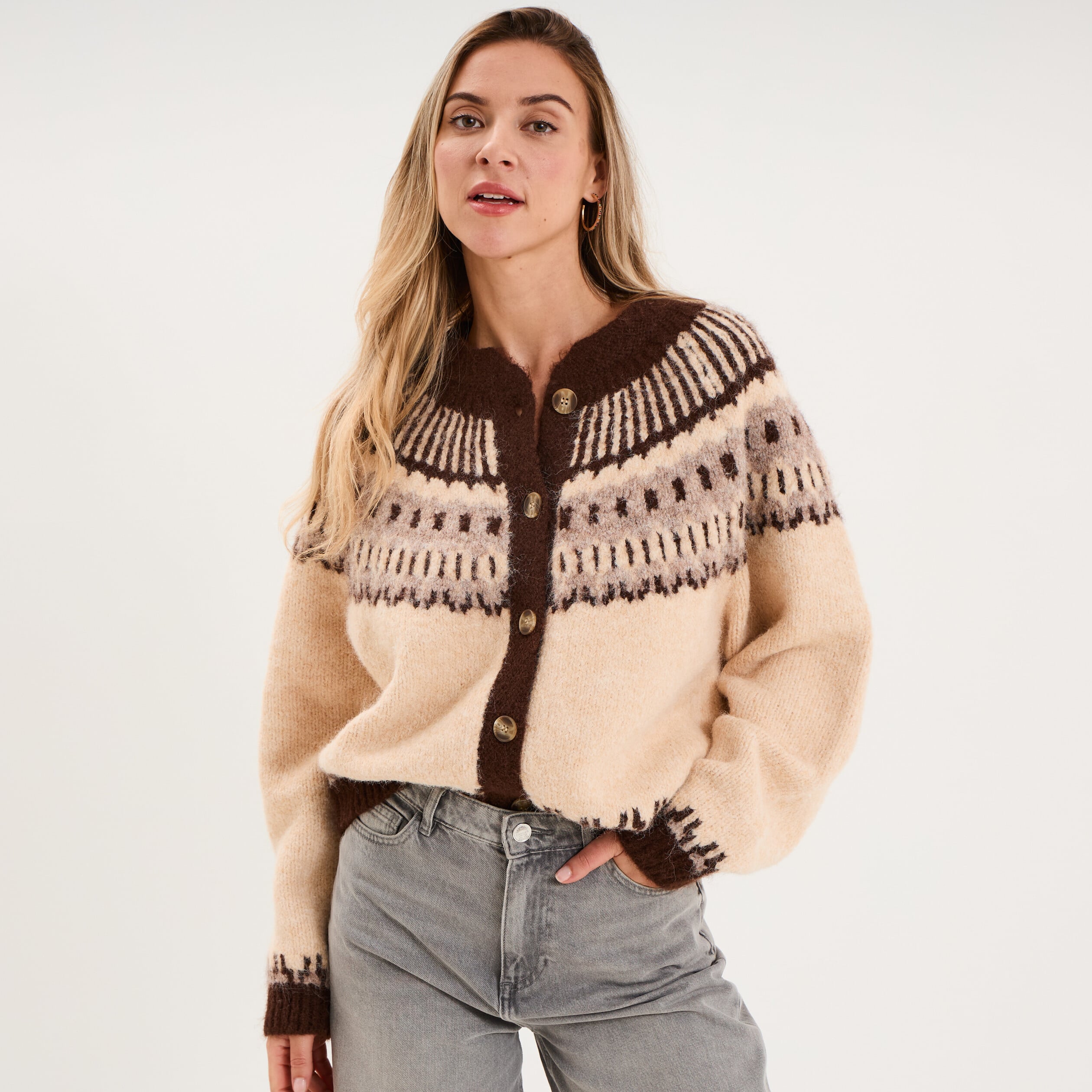Gilet col rond manches longues beige femme