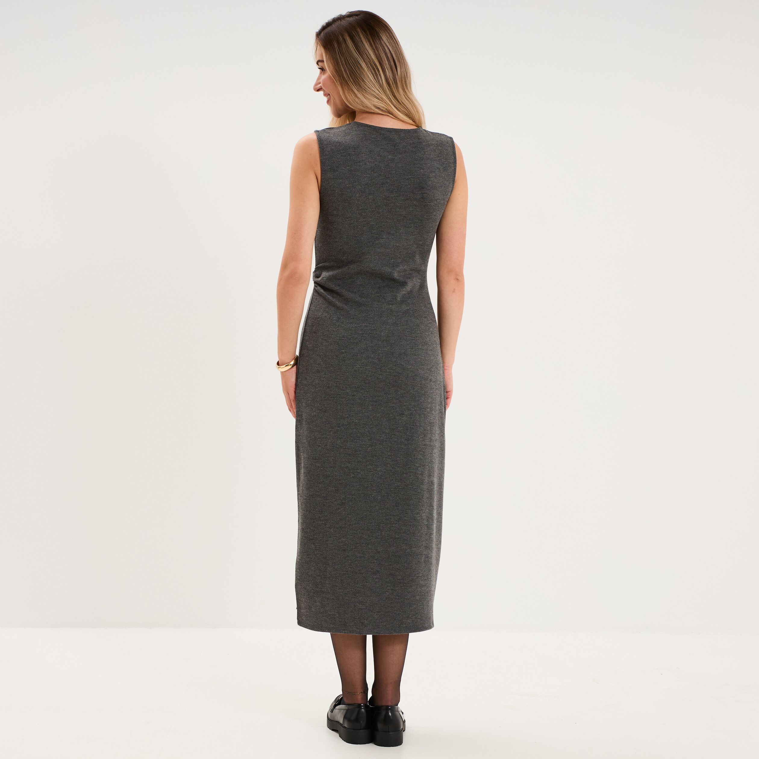 Robe moulante longue d&eacute;tail boucle gris fonc&eacute; femme