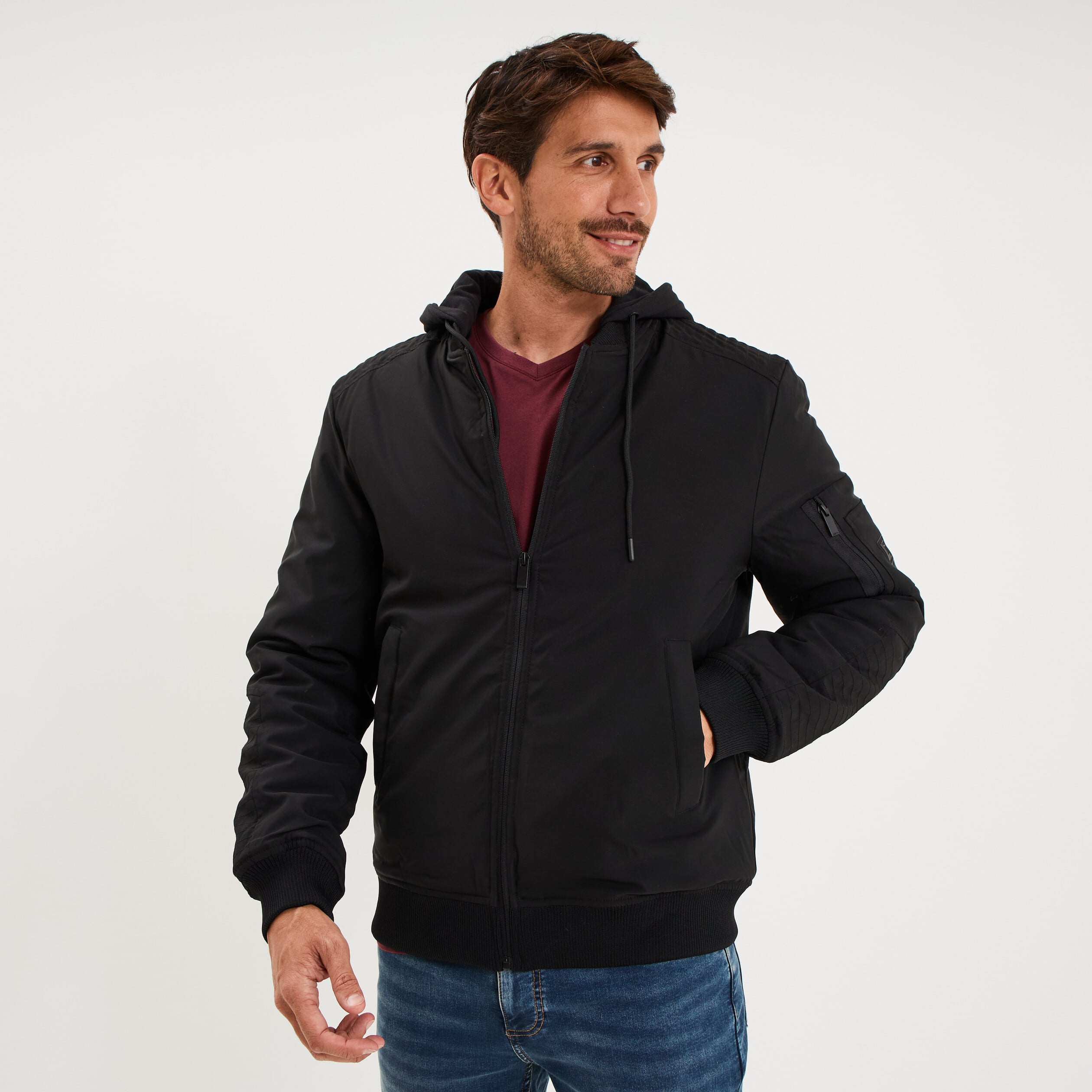 Veste bomber d&eacute;perlante capuche amovible noir homme
