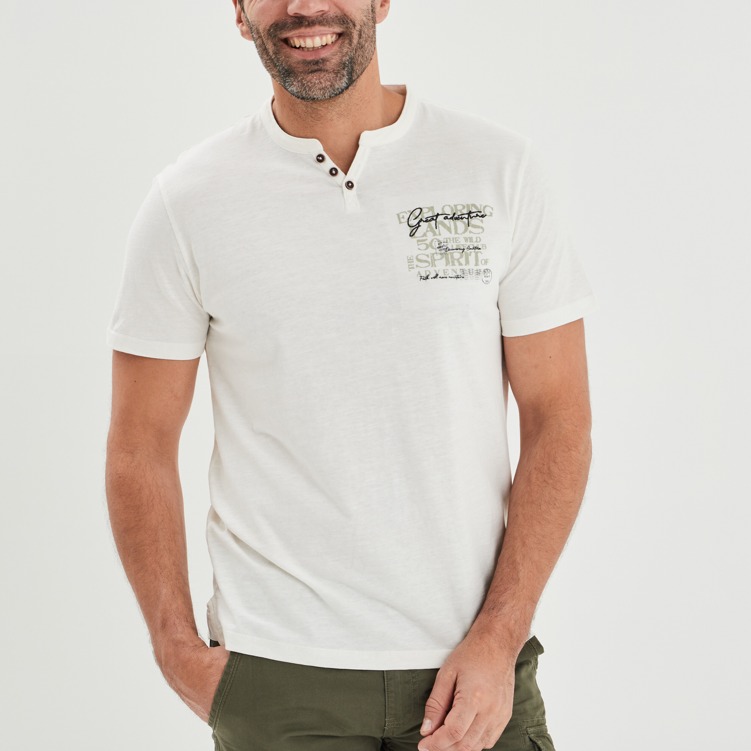 t shirt col tunisien coton trappeur blanc homme T-shirt col tunisien coton Trappeur blanc homme