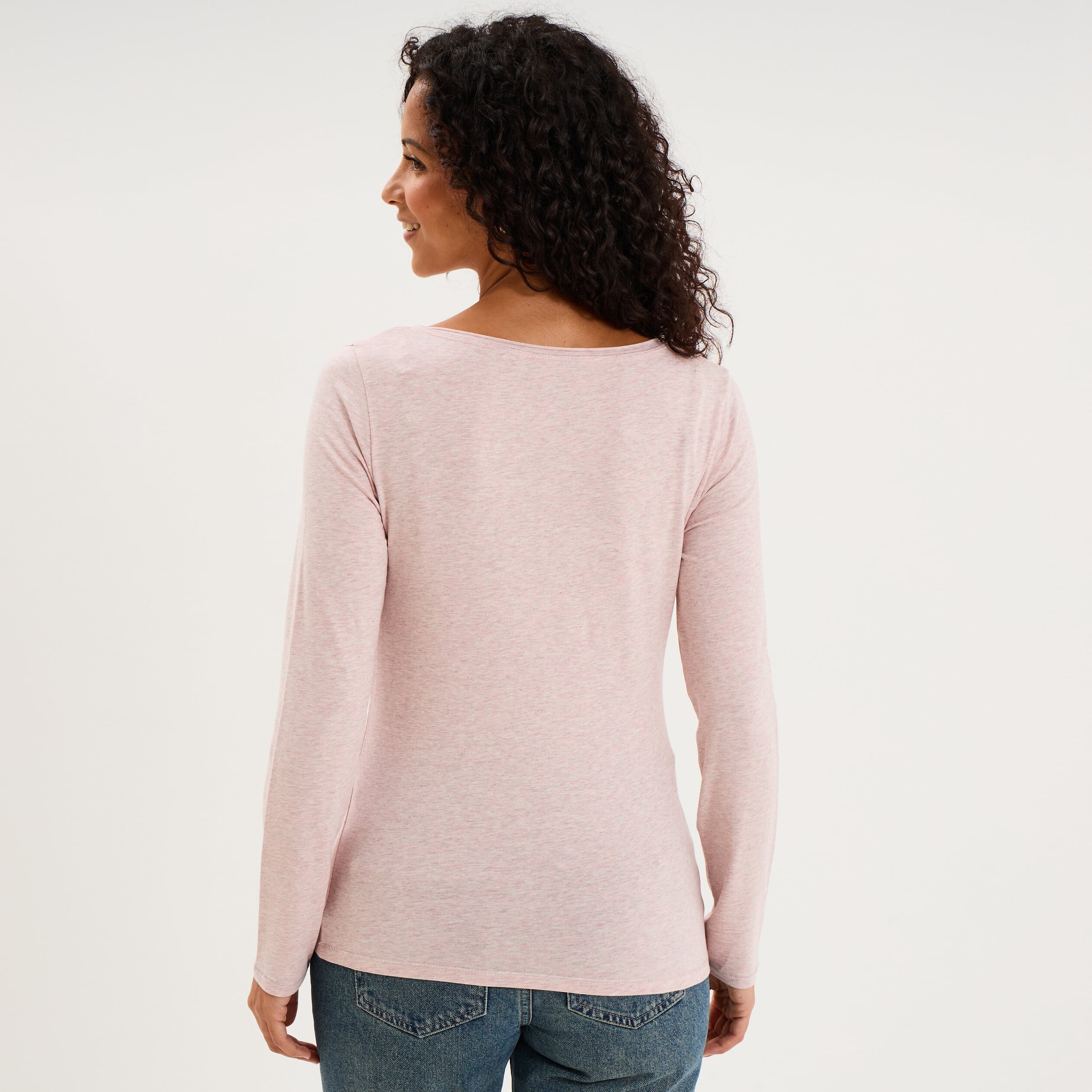 T-shirt manches longues col en V coton rose clair femme