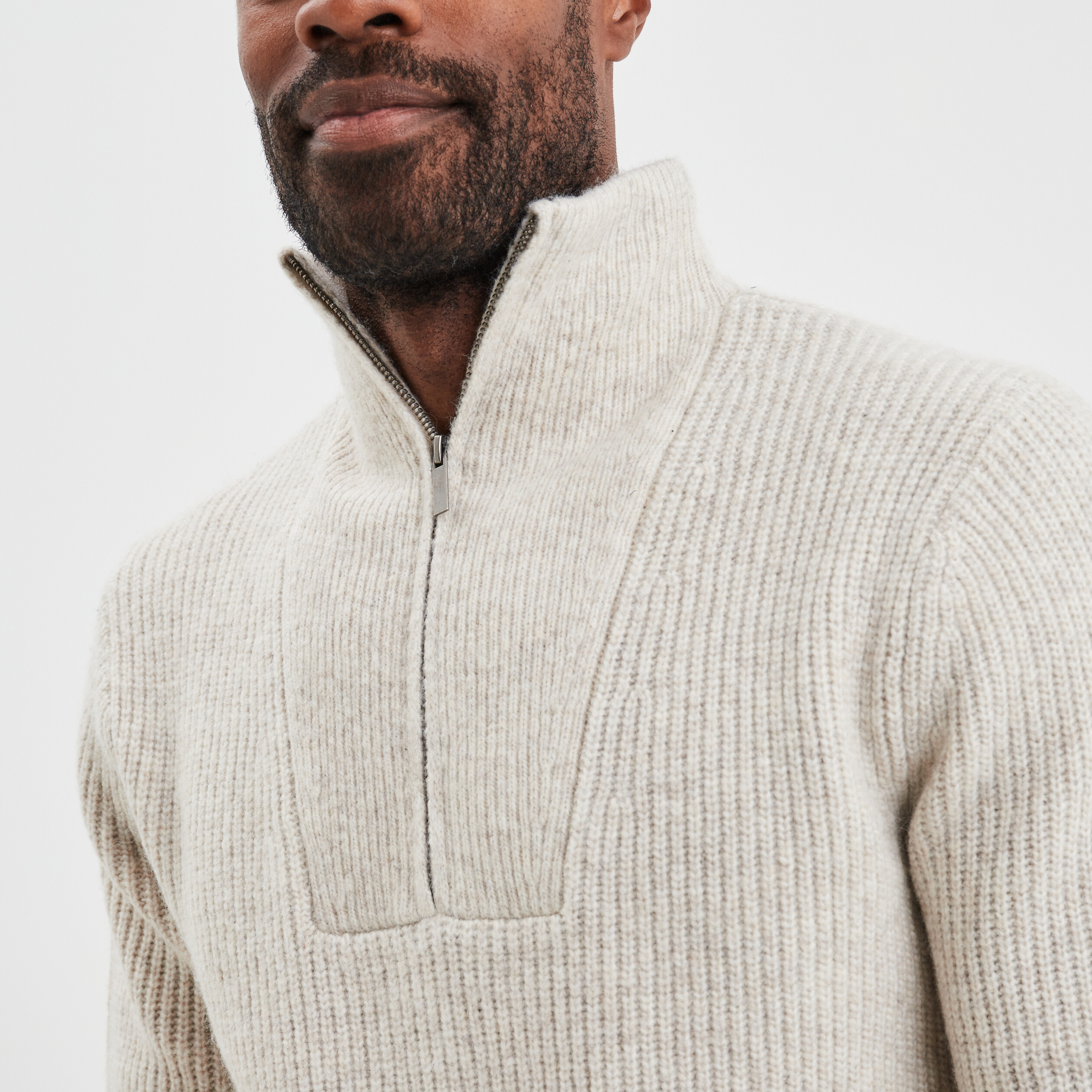 Pull avec col camionneur côtelé beige homme