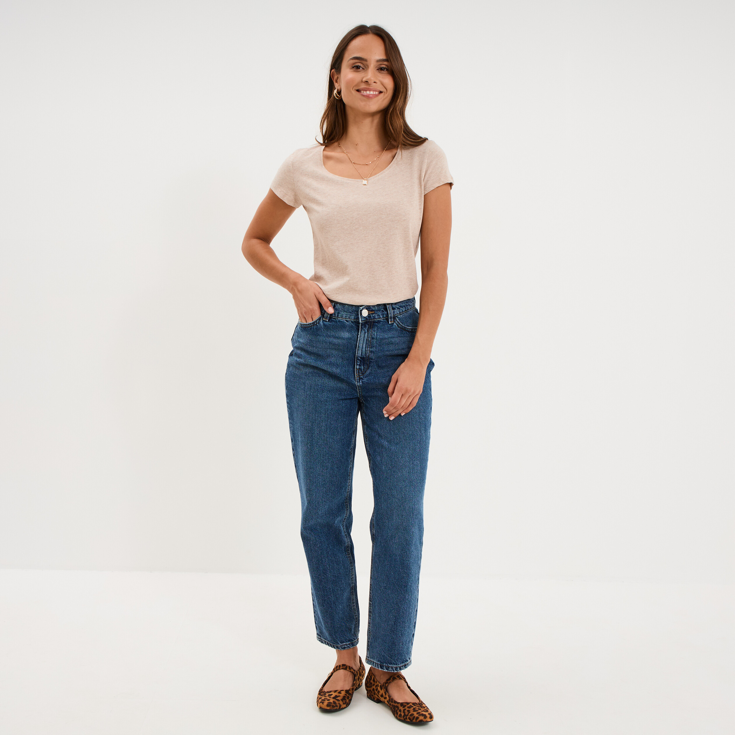 T-shirt coton col rond manches courtes beige femme