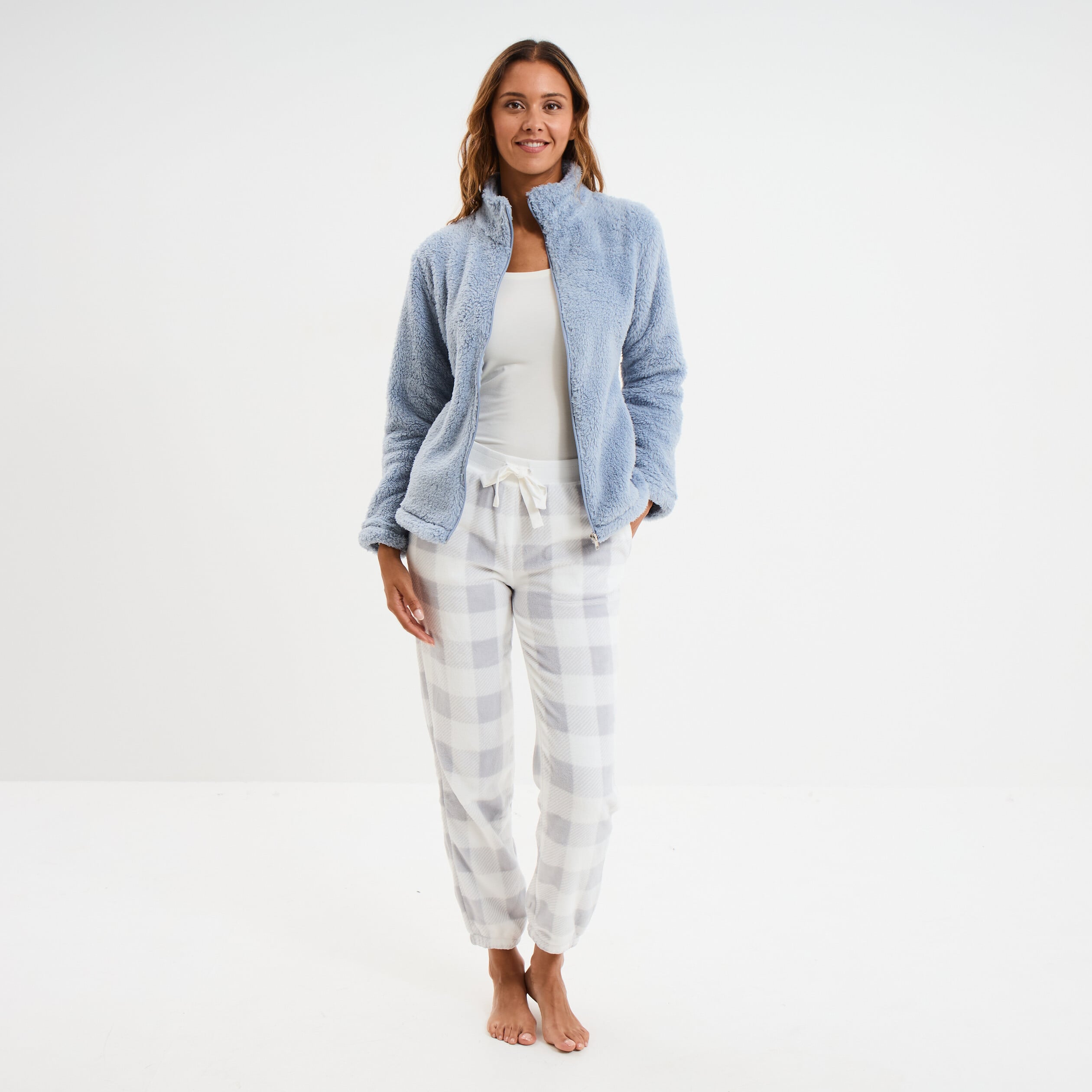 Veste effet polaire col montant bleu gris femme