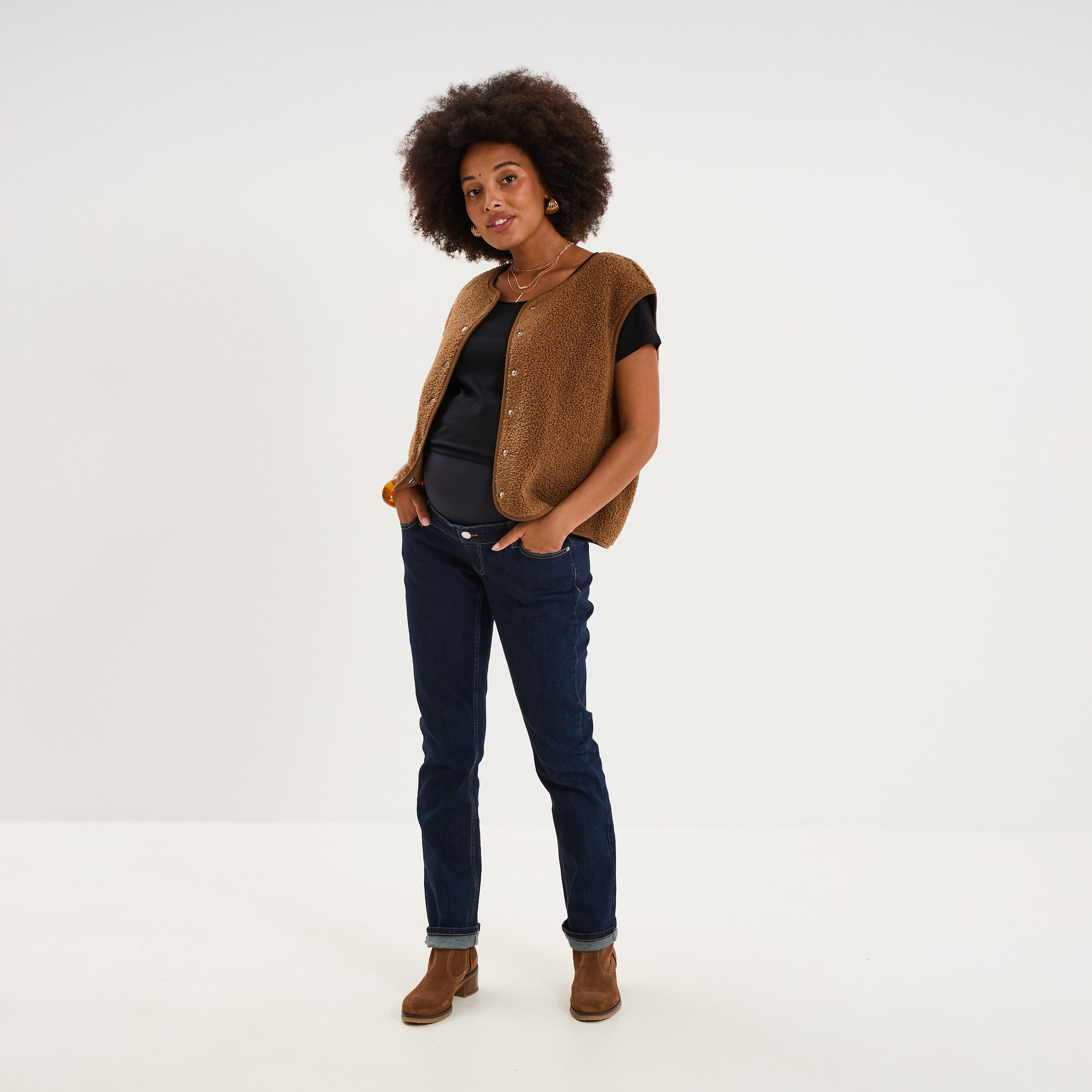 Jeans grossesse droit avec bandeau denim brut femme maternit&eacute;