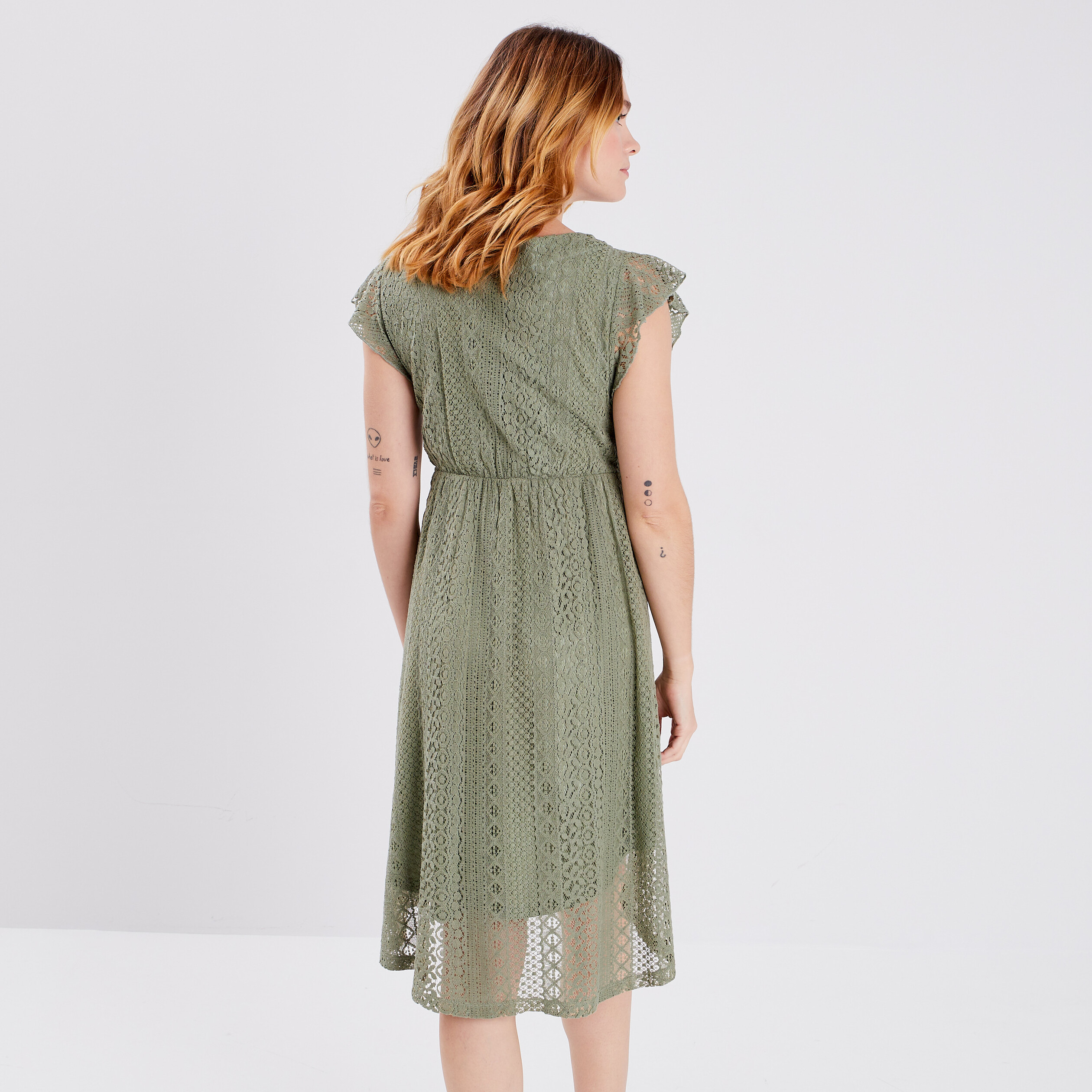 Robe évasée en dentelle vert kaki femme