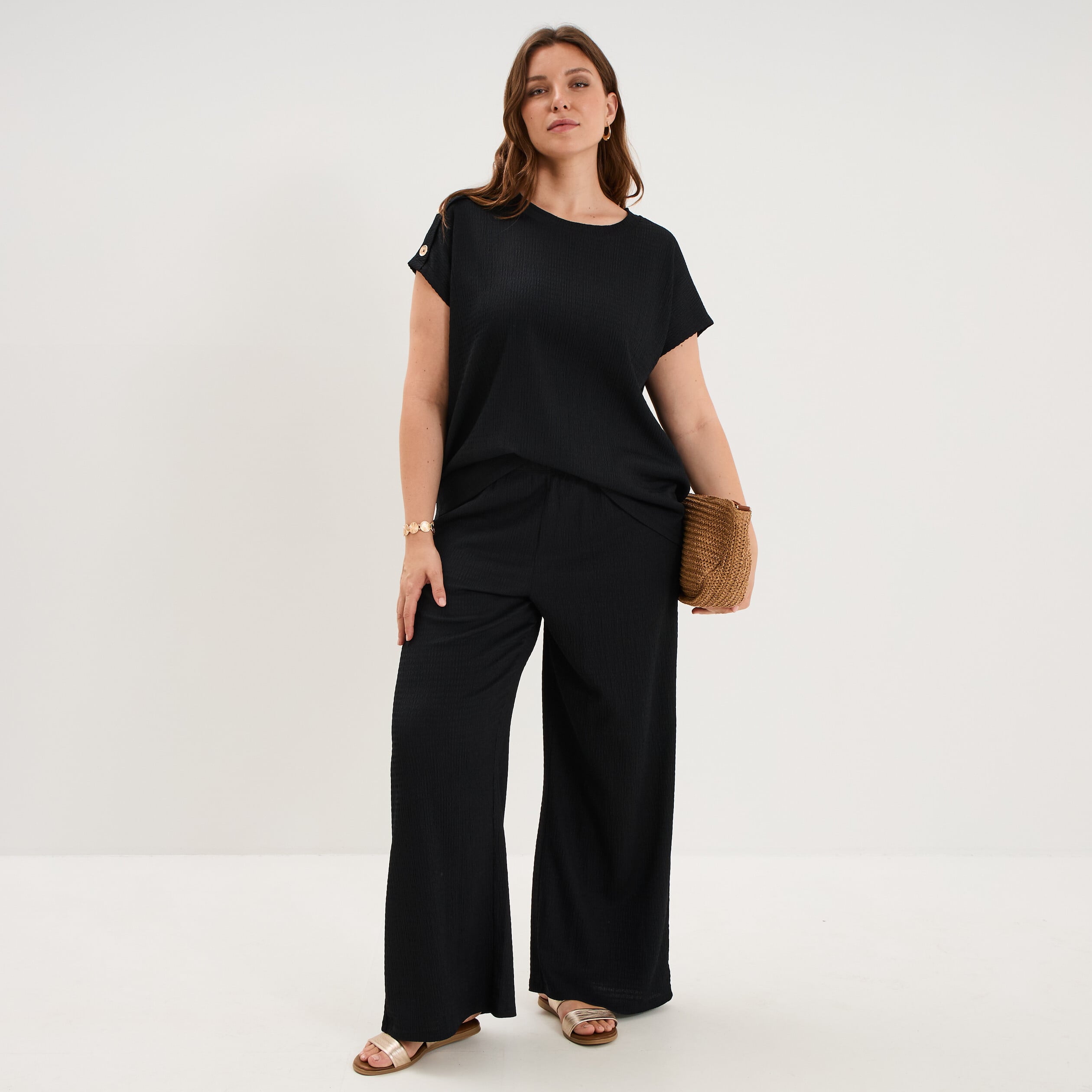 Pantalon effet gaufr&eacute; fluide noir femme grande taille