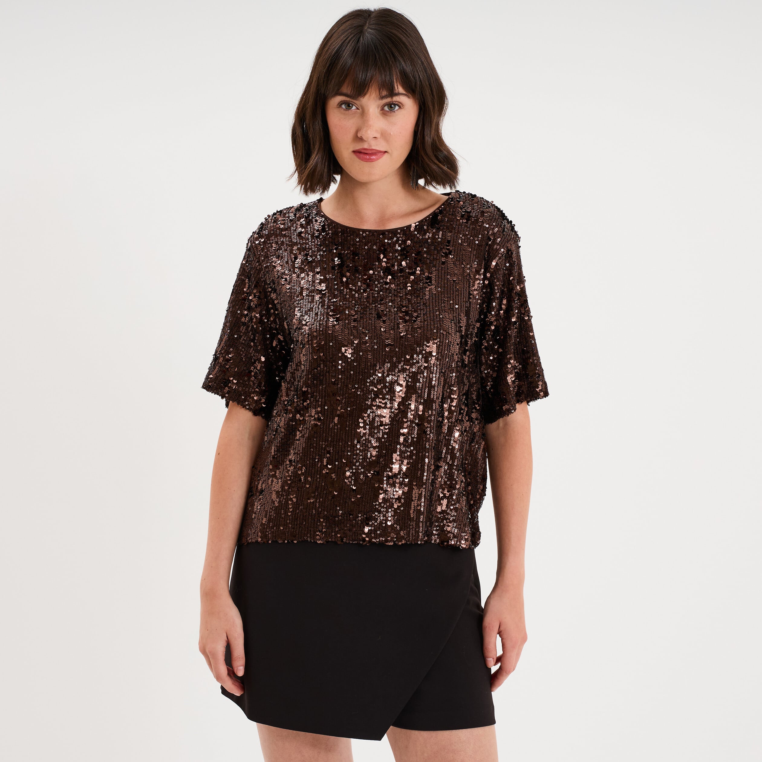 T-shirt &agrave; sequins manches courtes marron fonc&eacute; femme