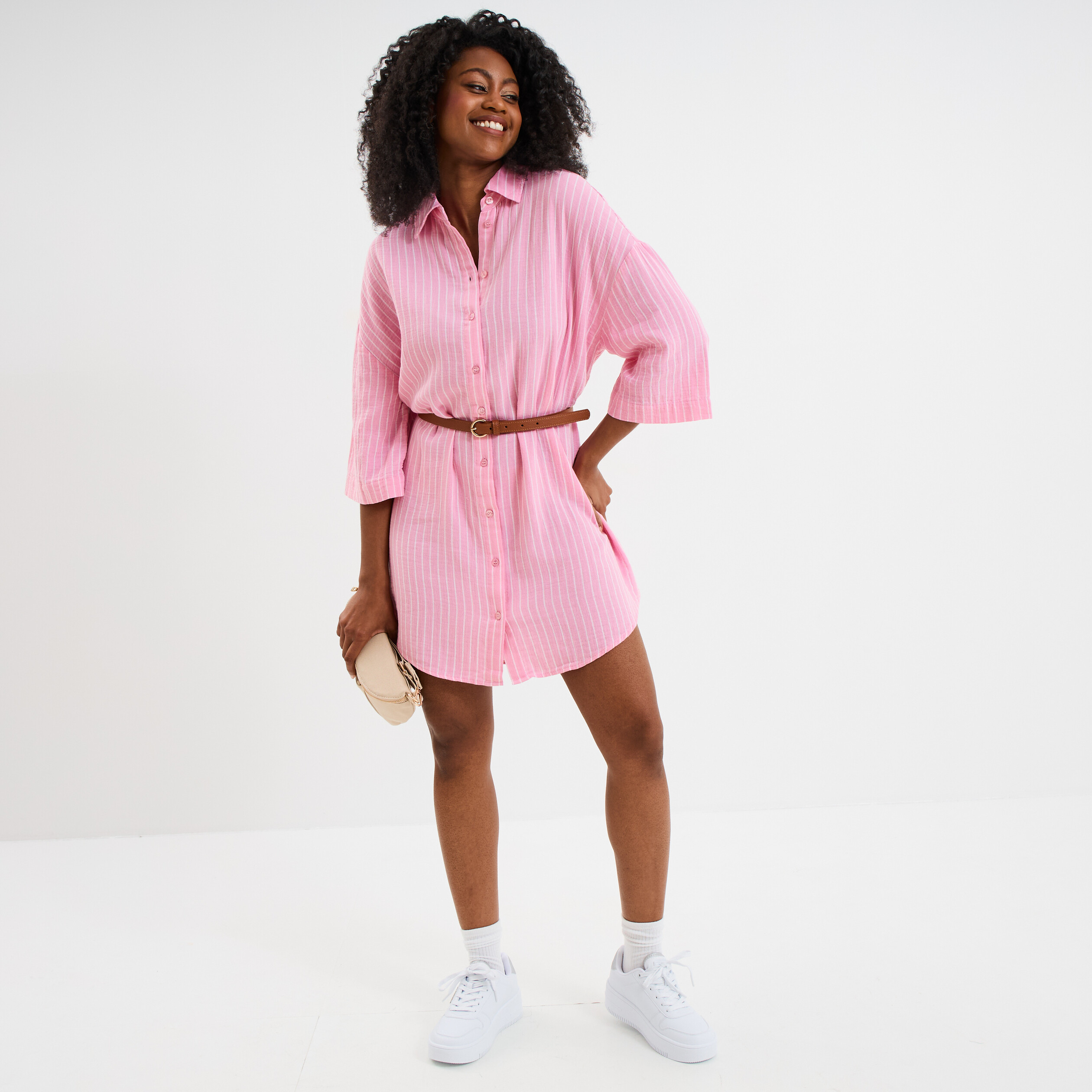 robe chemise manches 34 gaze de coton rose vif femme Robe chemise manches 3/4 gaze de coton rose vif femme
