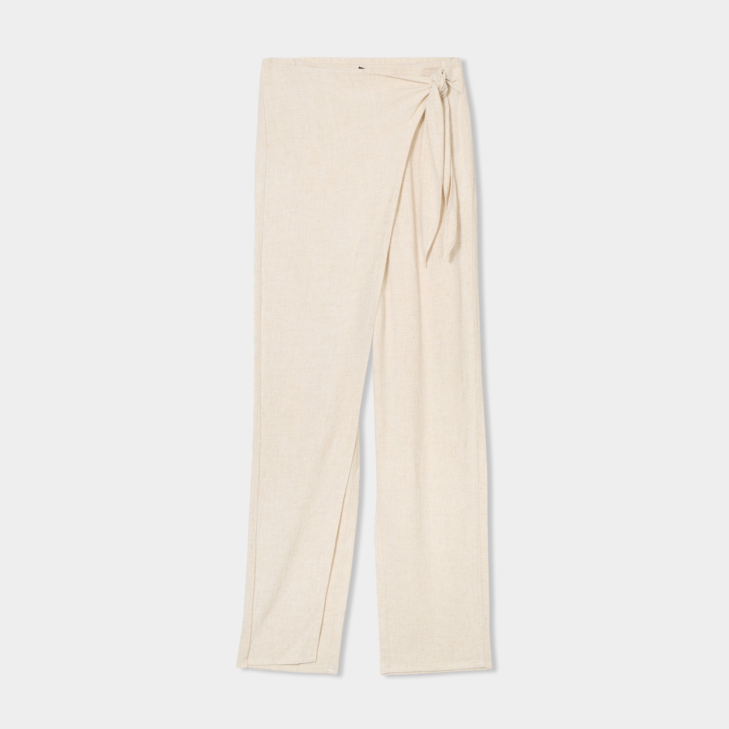 pantalon cigarette a nouer lin melange beige femme Pantalon cigarette à nouer lin mélangé beige femme