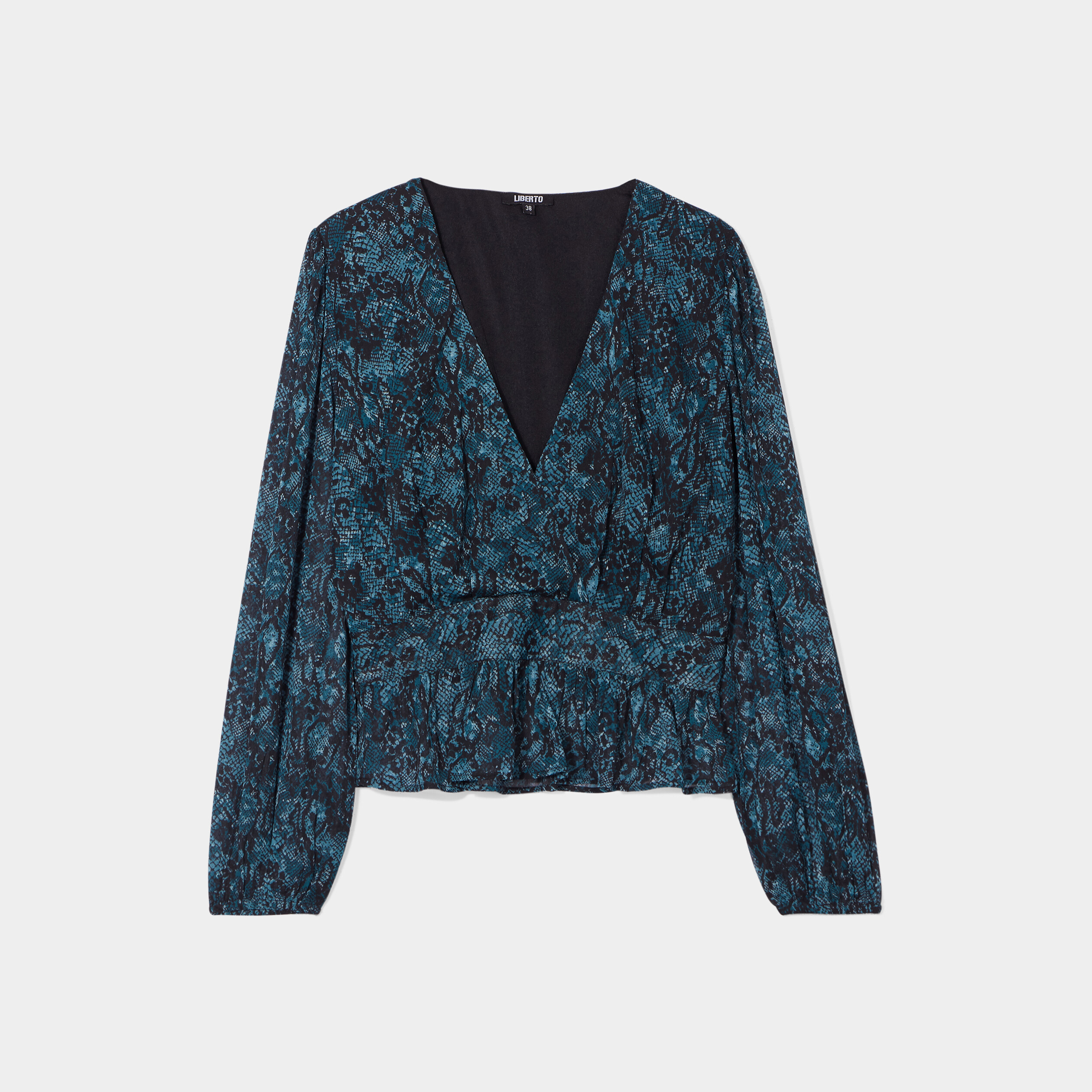 Blouse cintrée col effet croisé Liberto bleu canard femme
