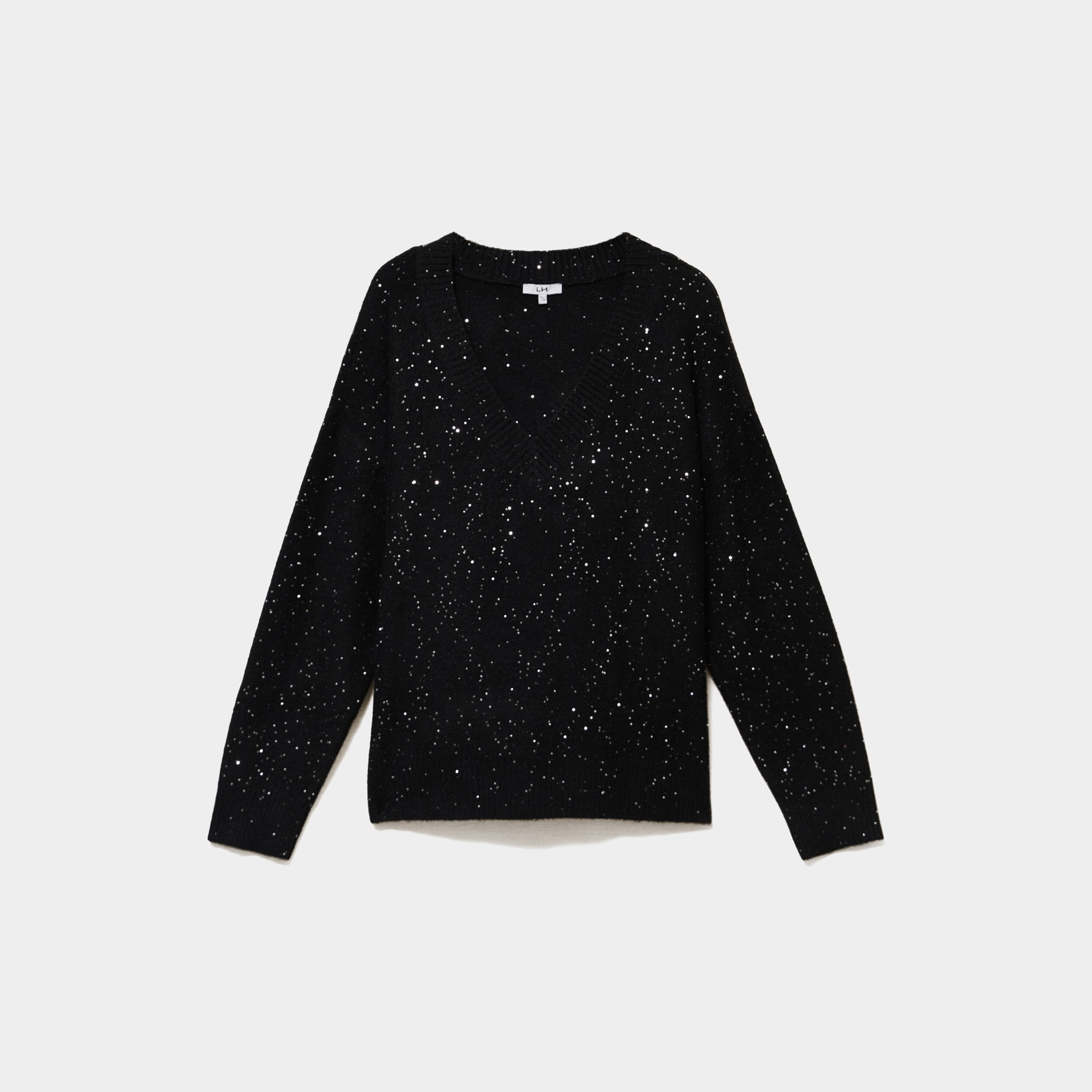 Pull droit sequins col V manches longues noir femme grande taille