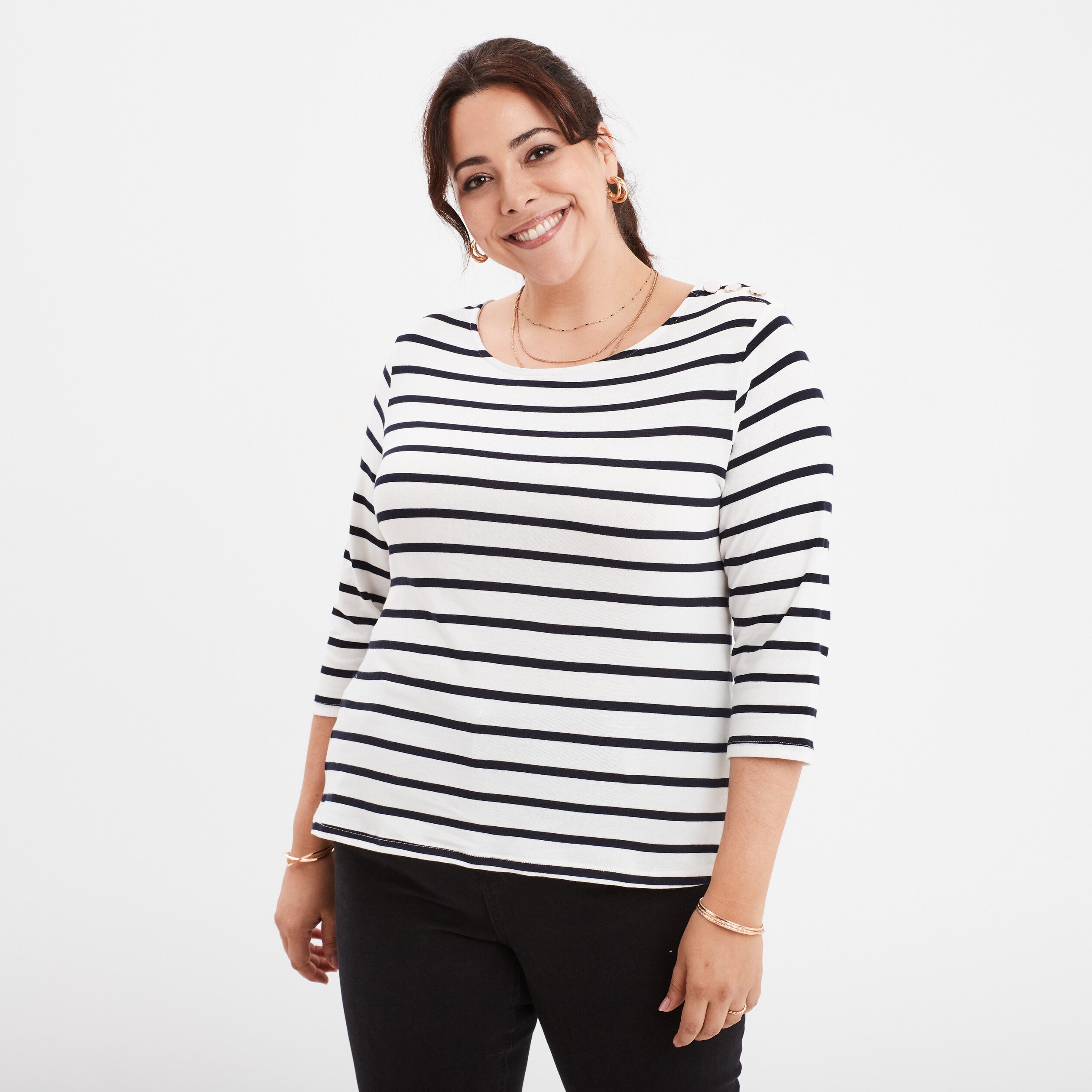 t shirt col rond manches 34 coton ecru femmegt T-shirt col rond manches 3/4 coton ecru femme grande taille