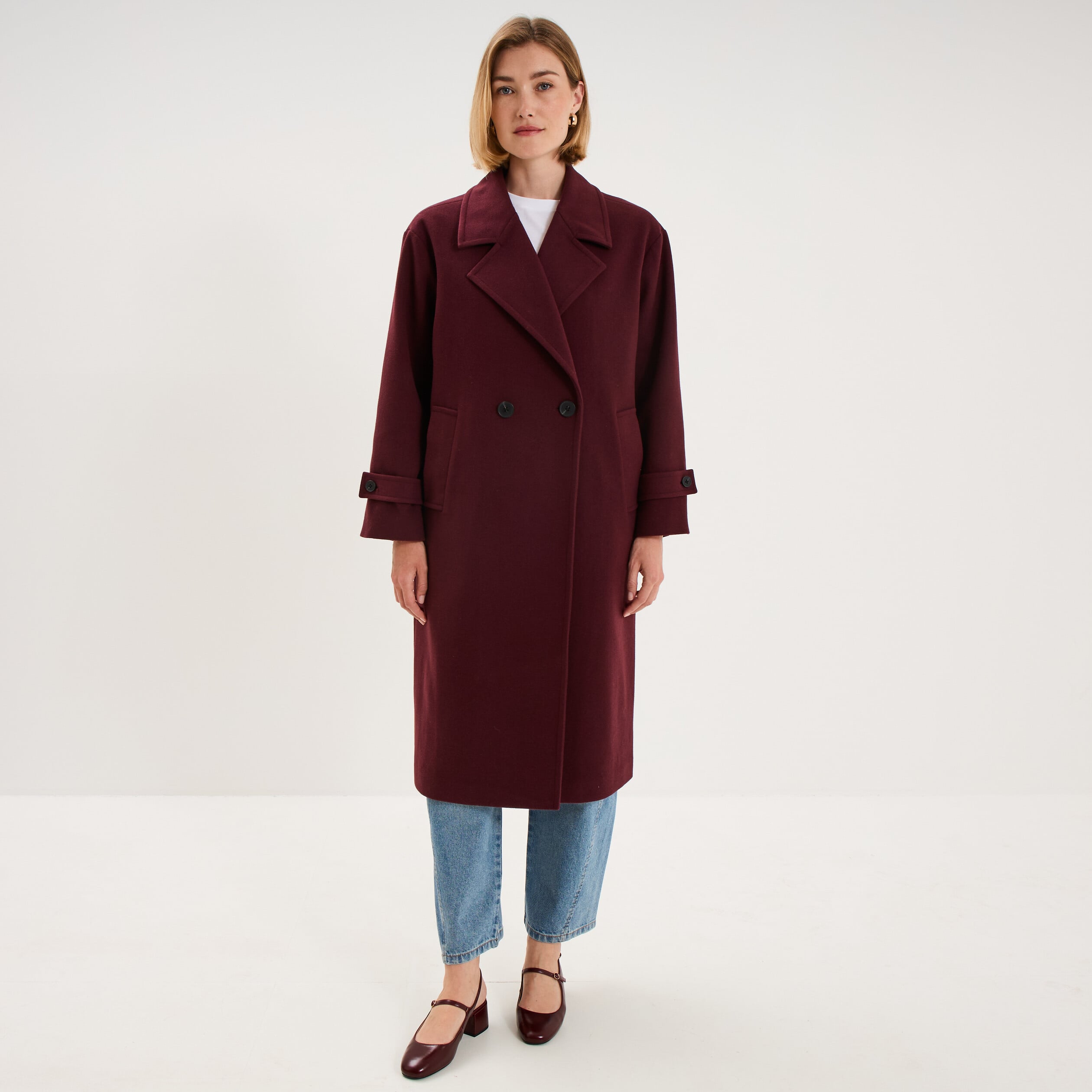 Manteau oversize double boutons long violet fonc&eacute; femme