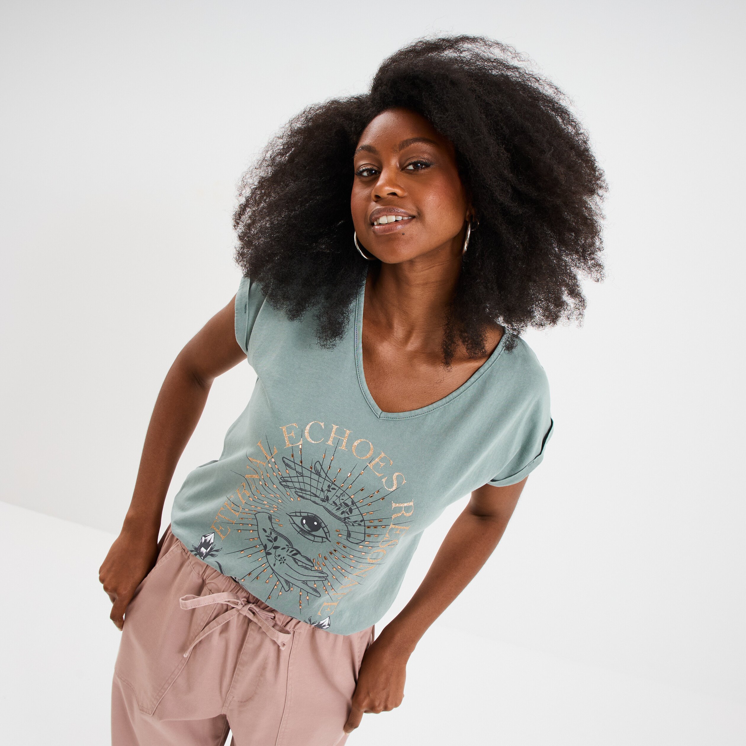 t shirt coton col en v manches courtes bleu canard femme T-shirt coton col en V manches courtes bleu canard femme