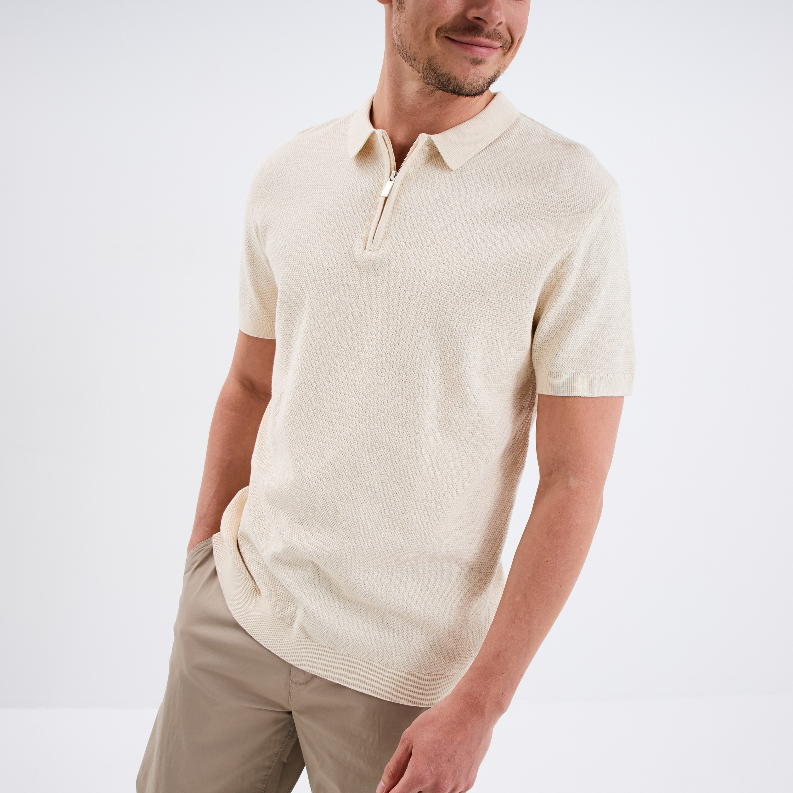polo col zippe manches courtes coton ecru homme Polo col zippé manches courtes coton ecru homme