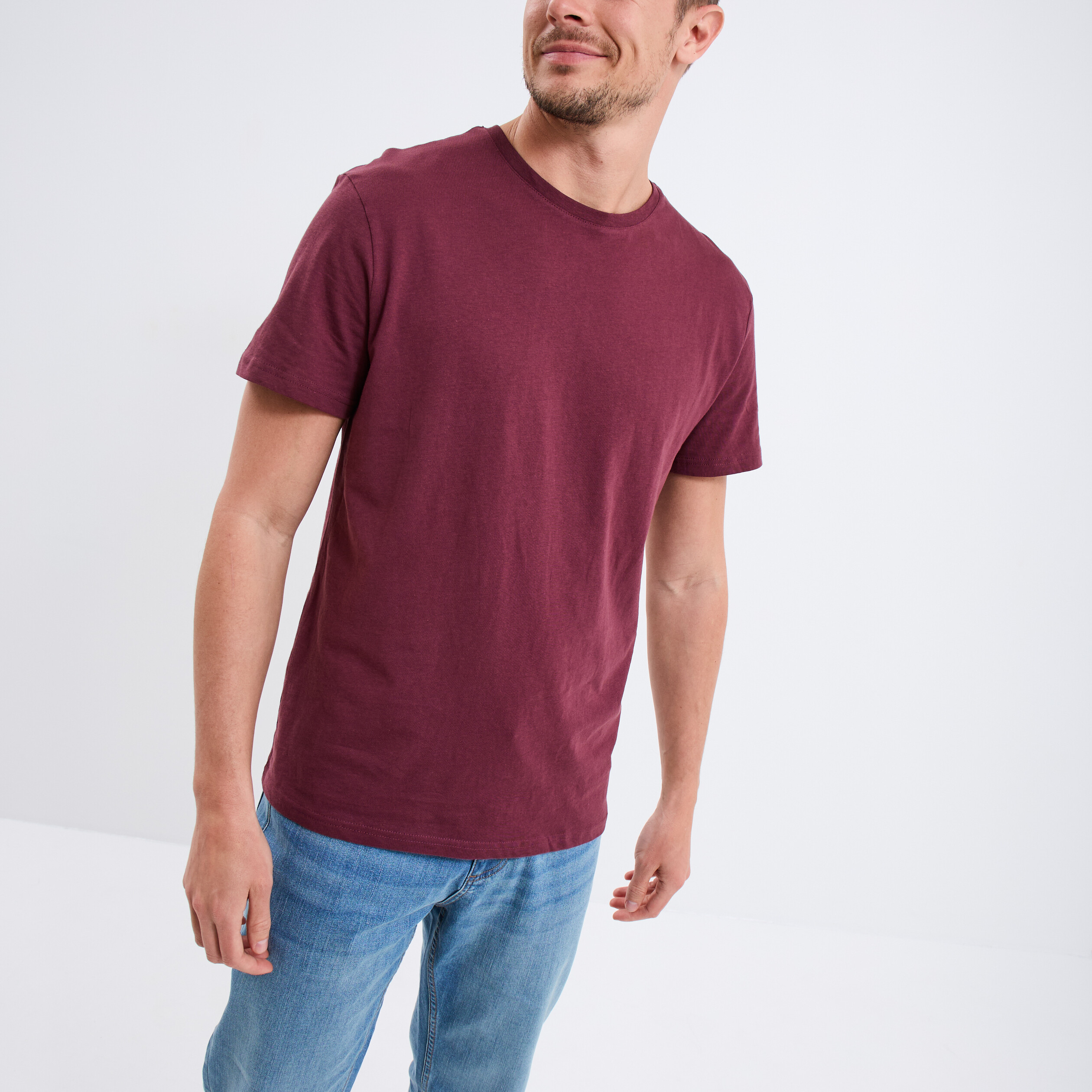 T-shirt droit en coton manches courtes prune homme