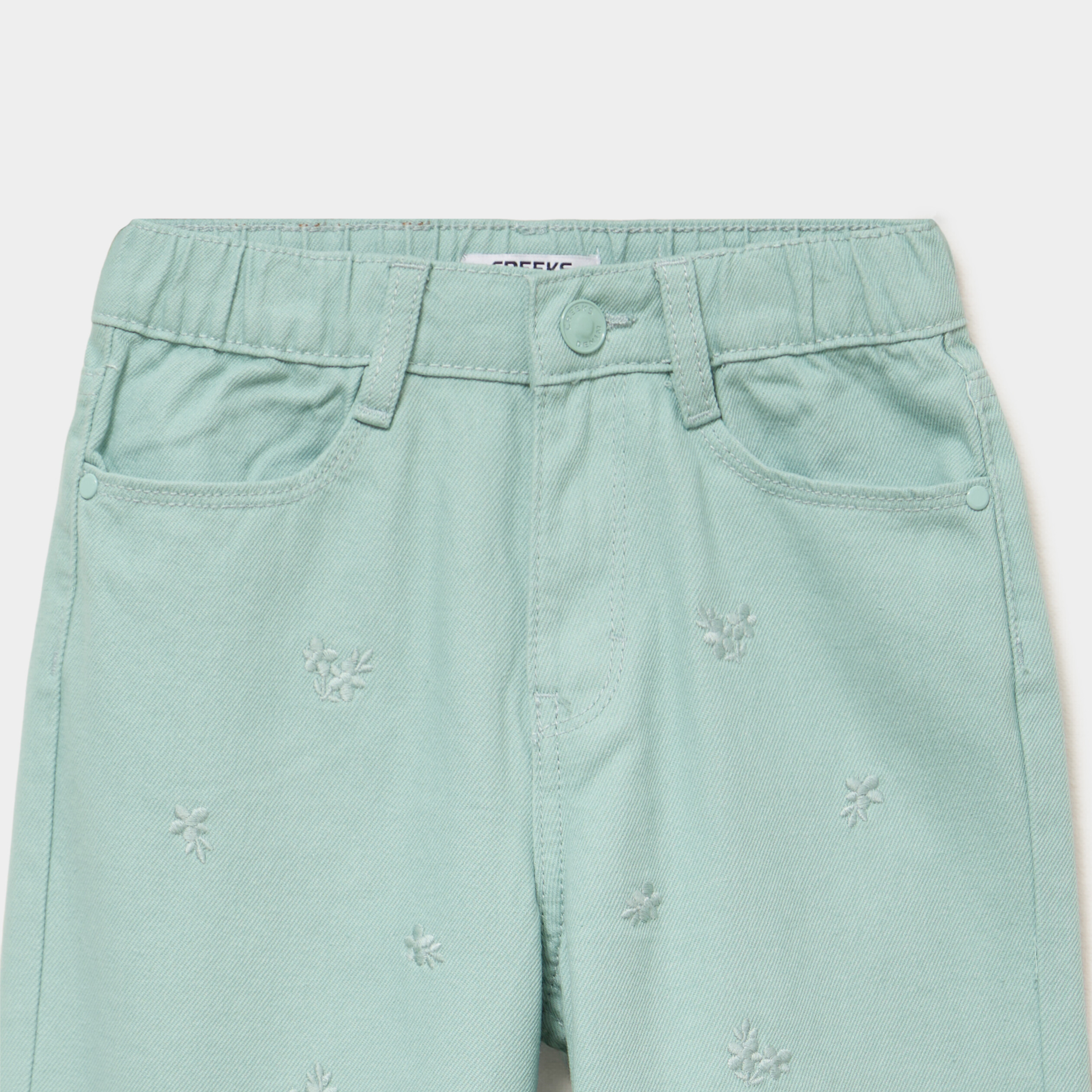 Pantalon large brod&eacute; taille ajustable bleu gris fille