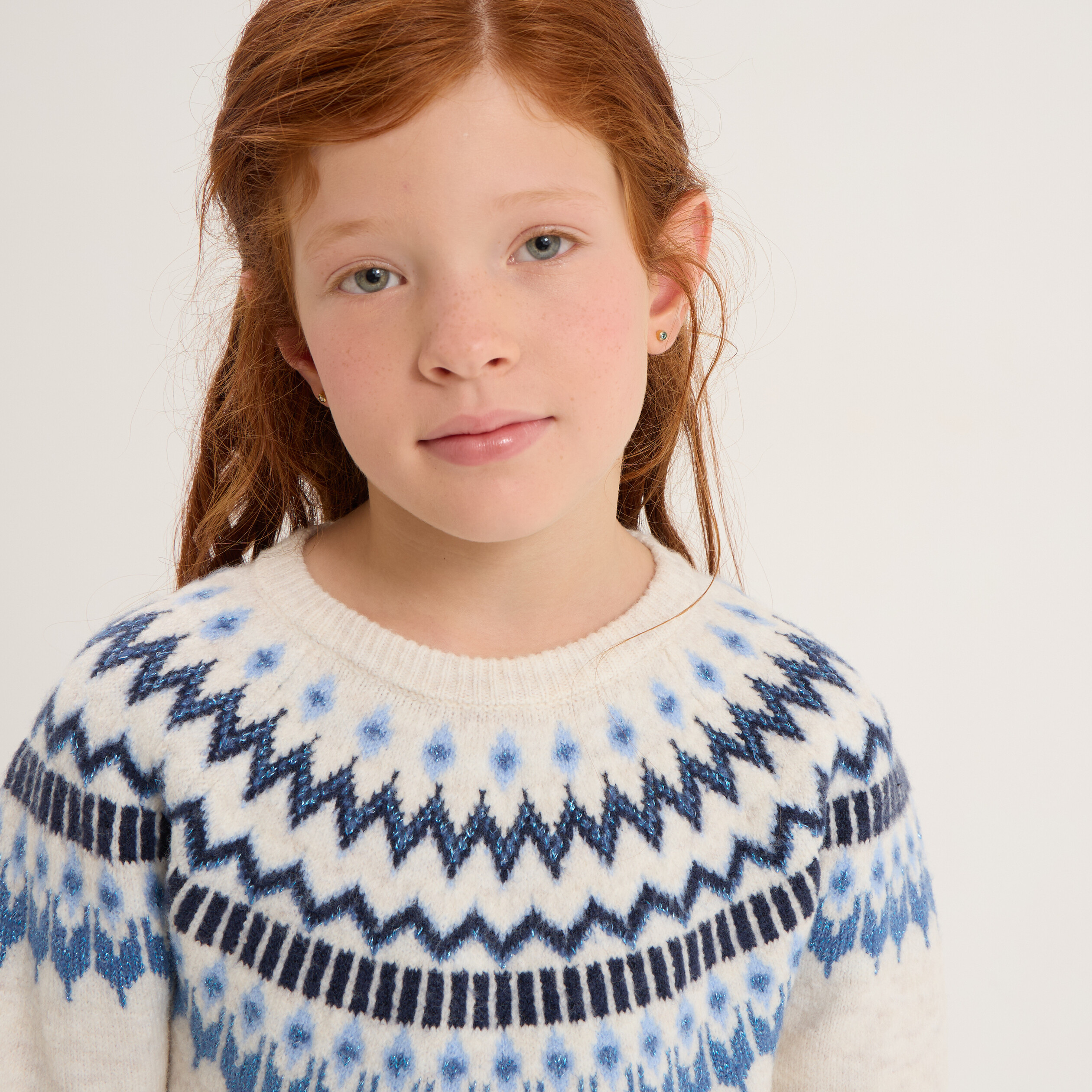 Pull jacquard col rond manches longues ecru fille