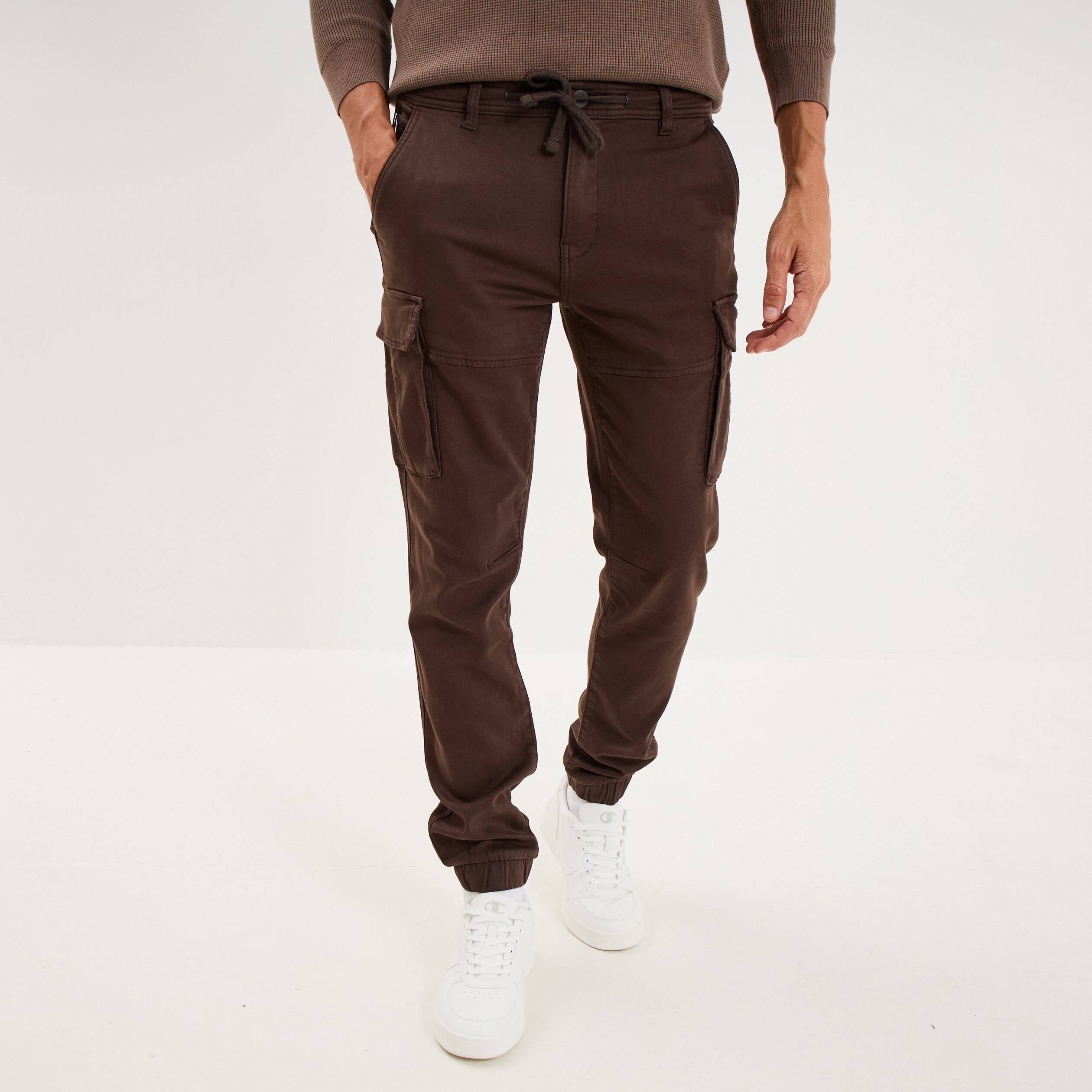 Pantalon cargo slim stretch marron fonc&eacute; homme
