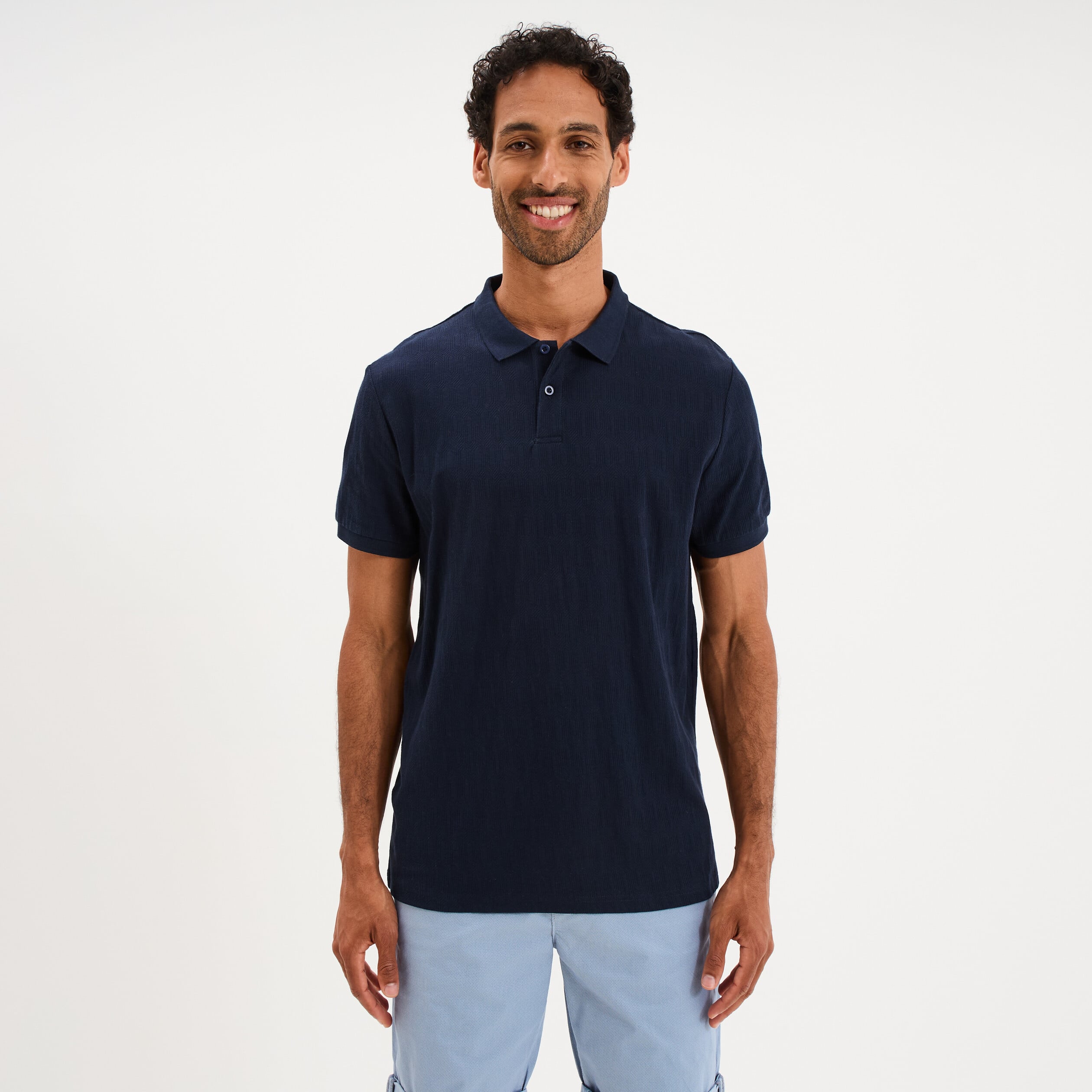 Polo textur&eacute; manches courtes bleu marine homme