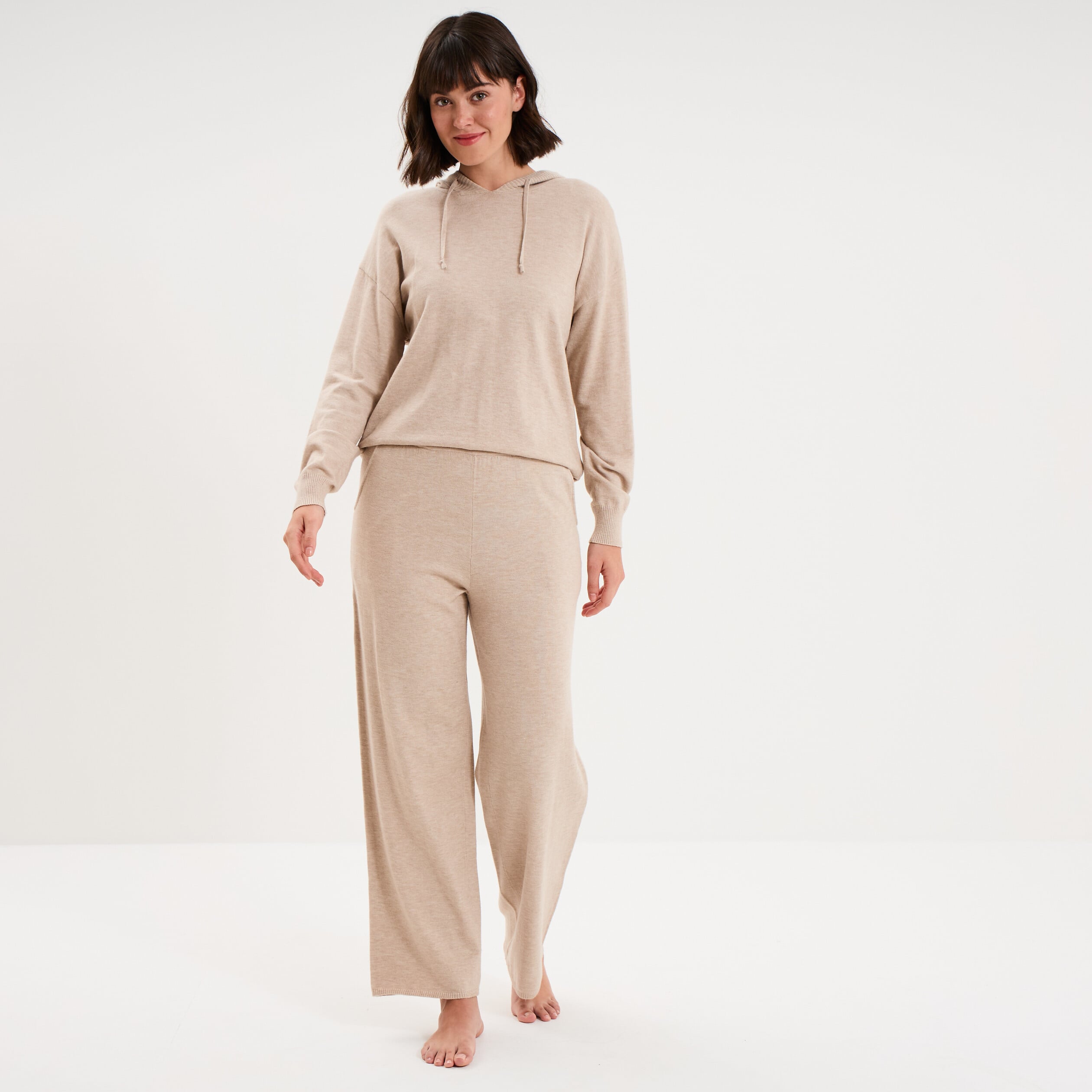 Pantalon de pyjama large en maille beige femme
