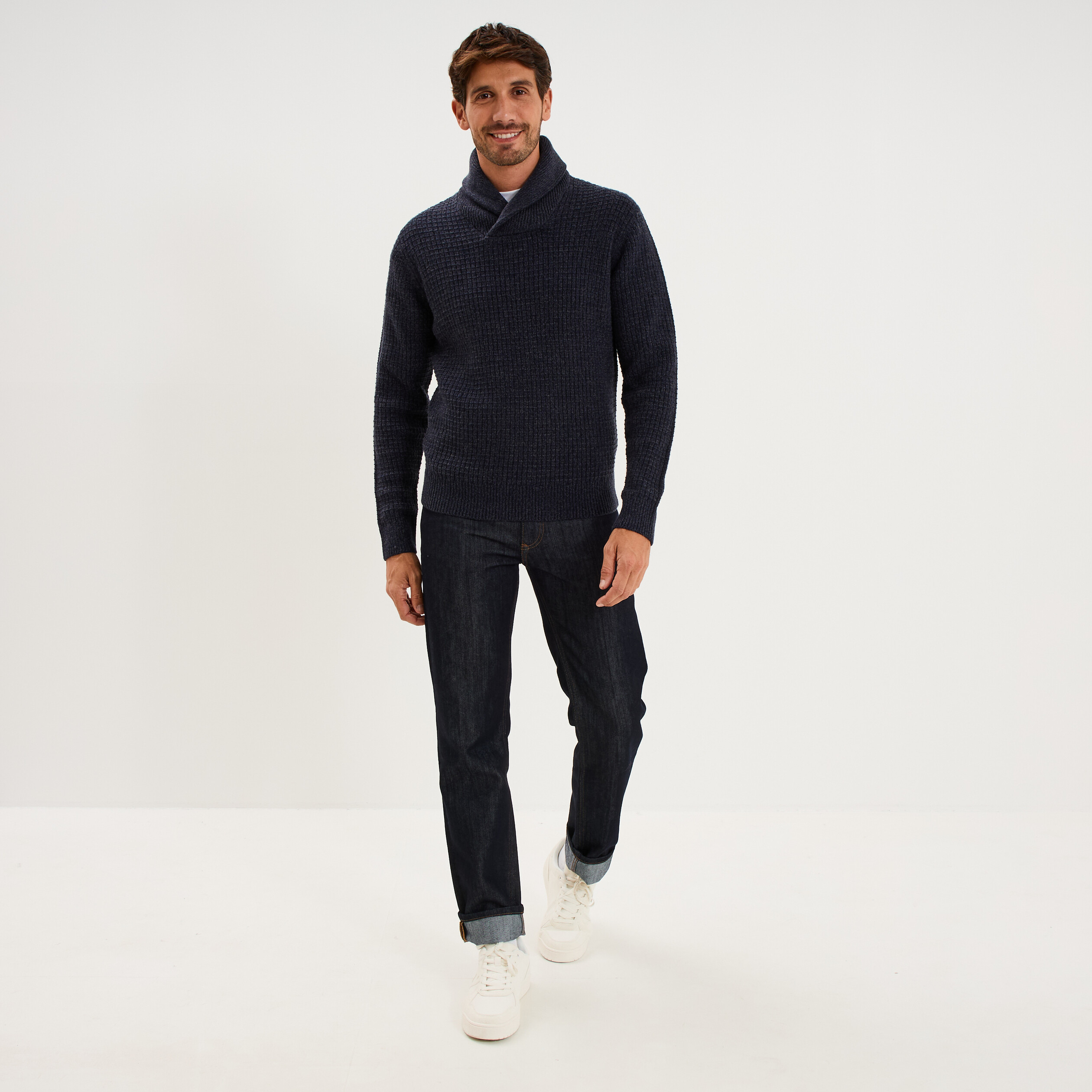 Pull col ch&acirc;le manches longues bleu marine homme