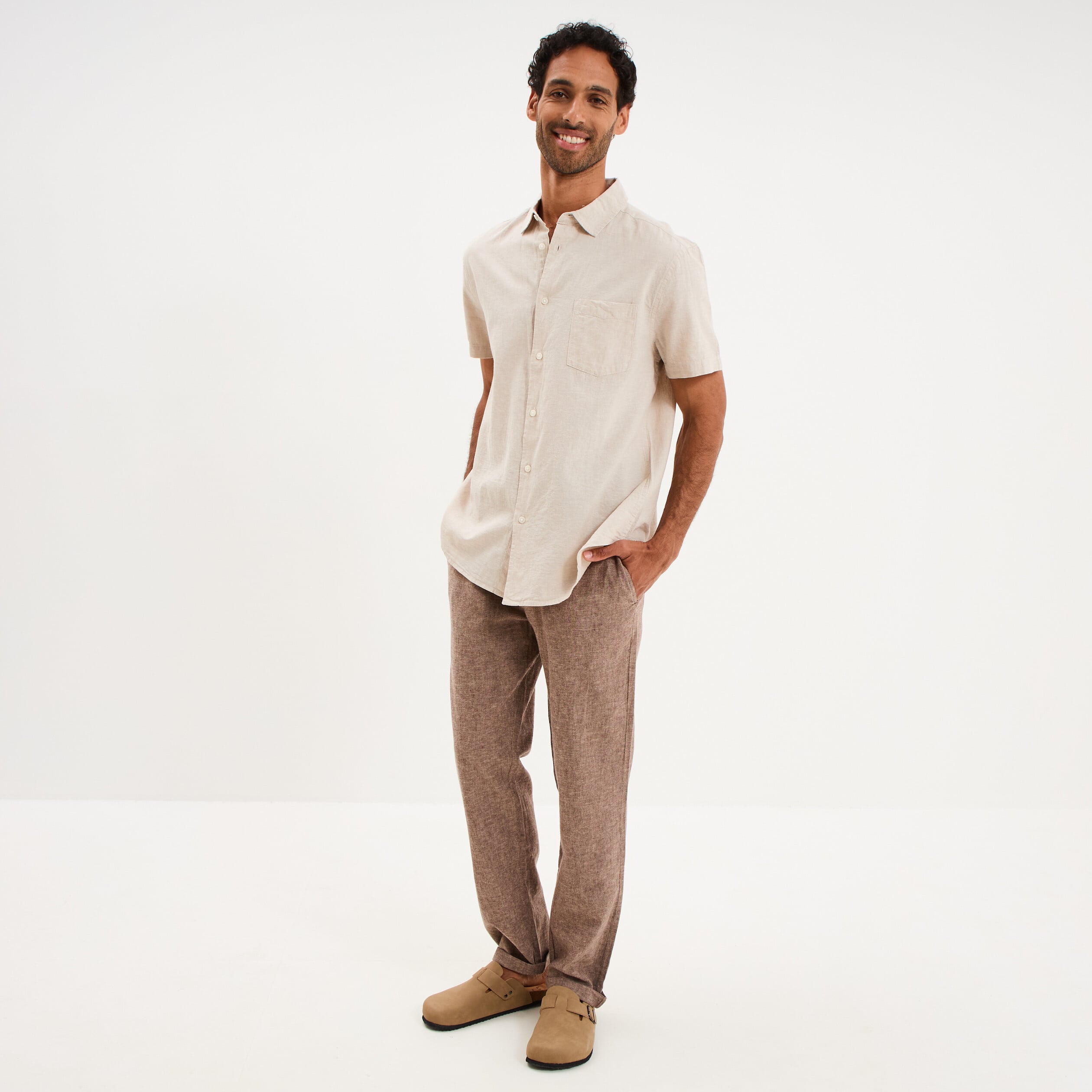Chemise manches courtes lin m&eacute;lang&eacute; gris clair homme