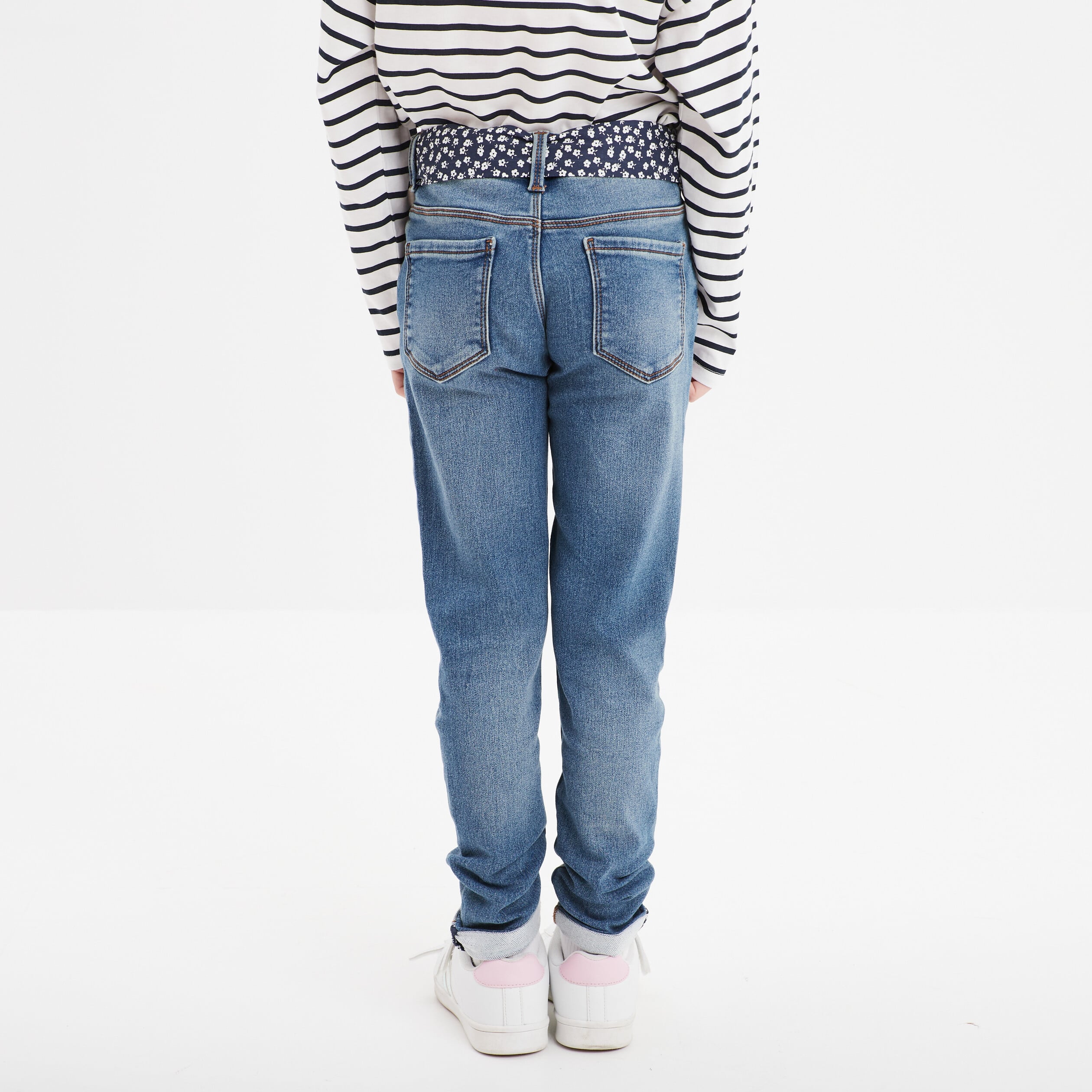Jean stretch skinny ceinture foulard denim stone fille