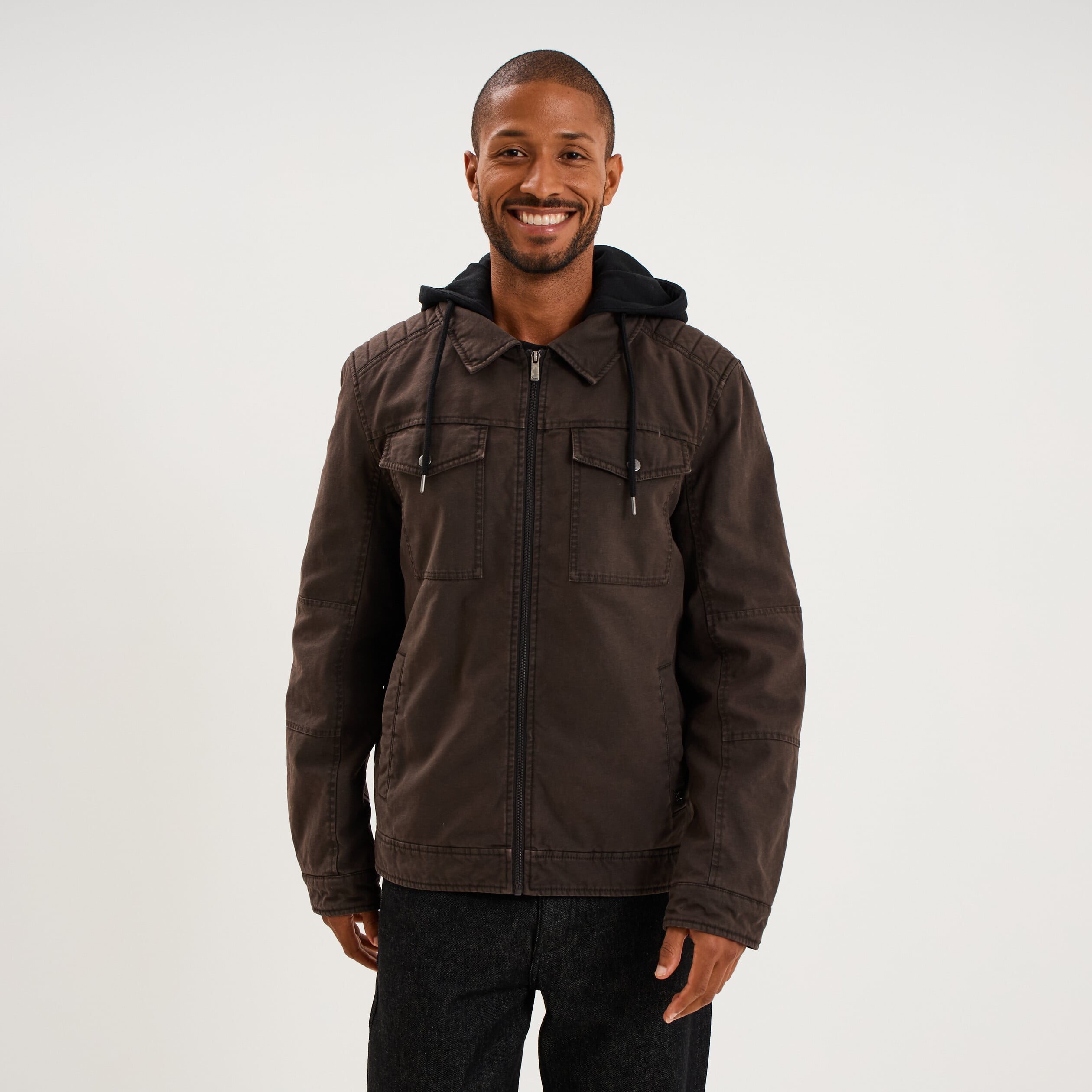Veste doubl&eacute;e capuche amovible en coton marron fonc&eacute; homme
