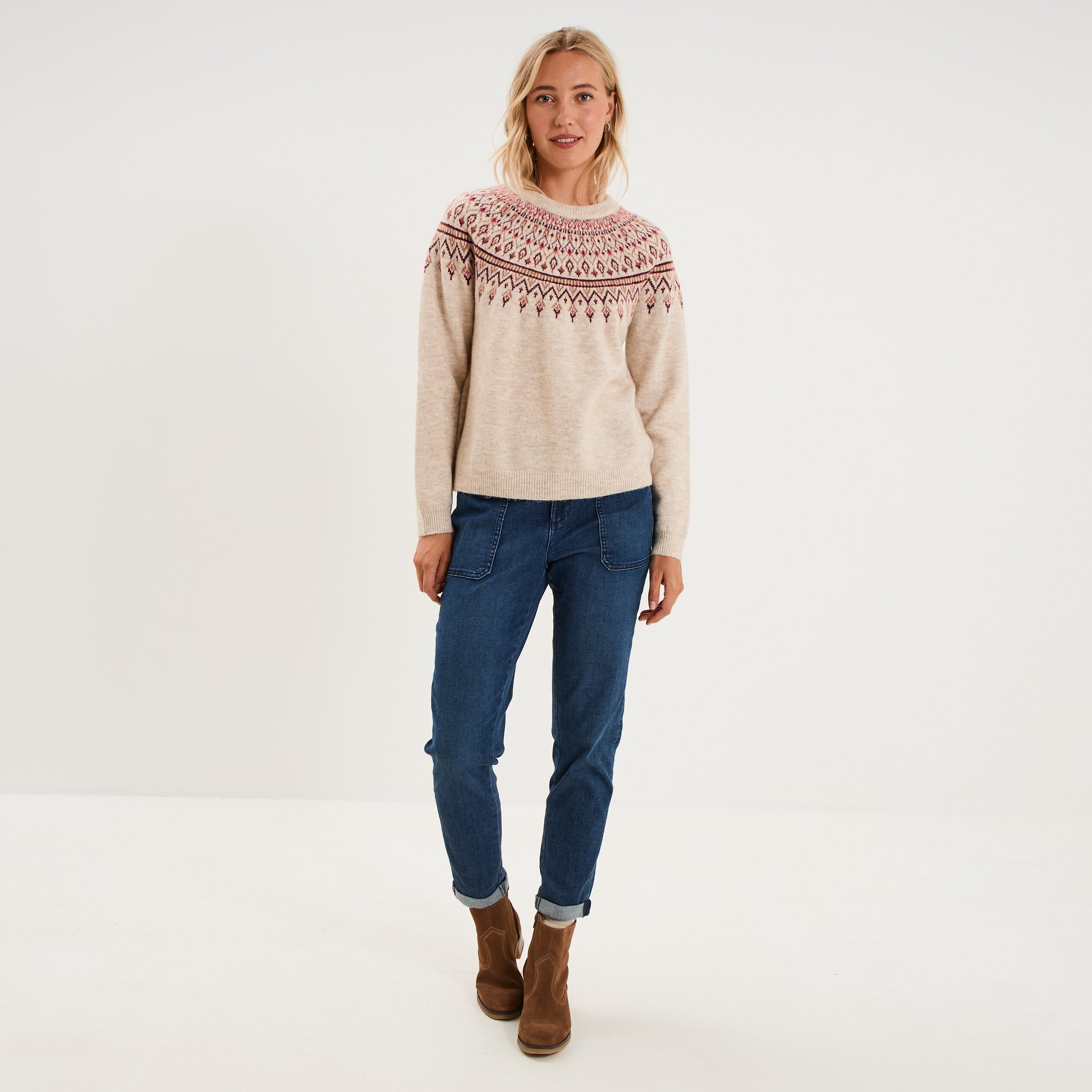 Pull jacquard col rond manches longues ecru femme