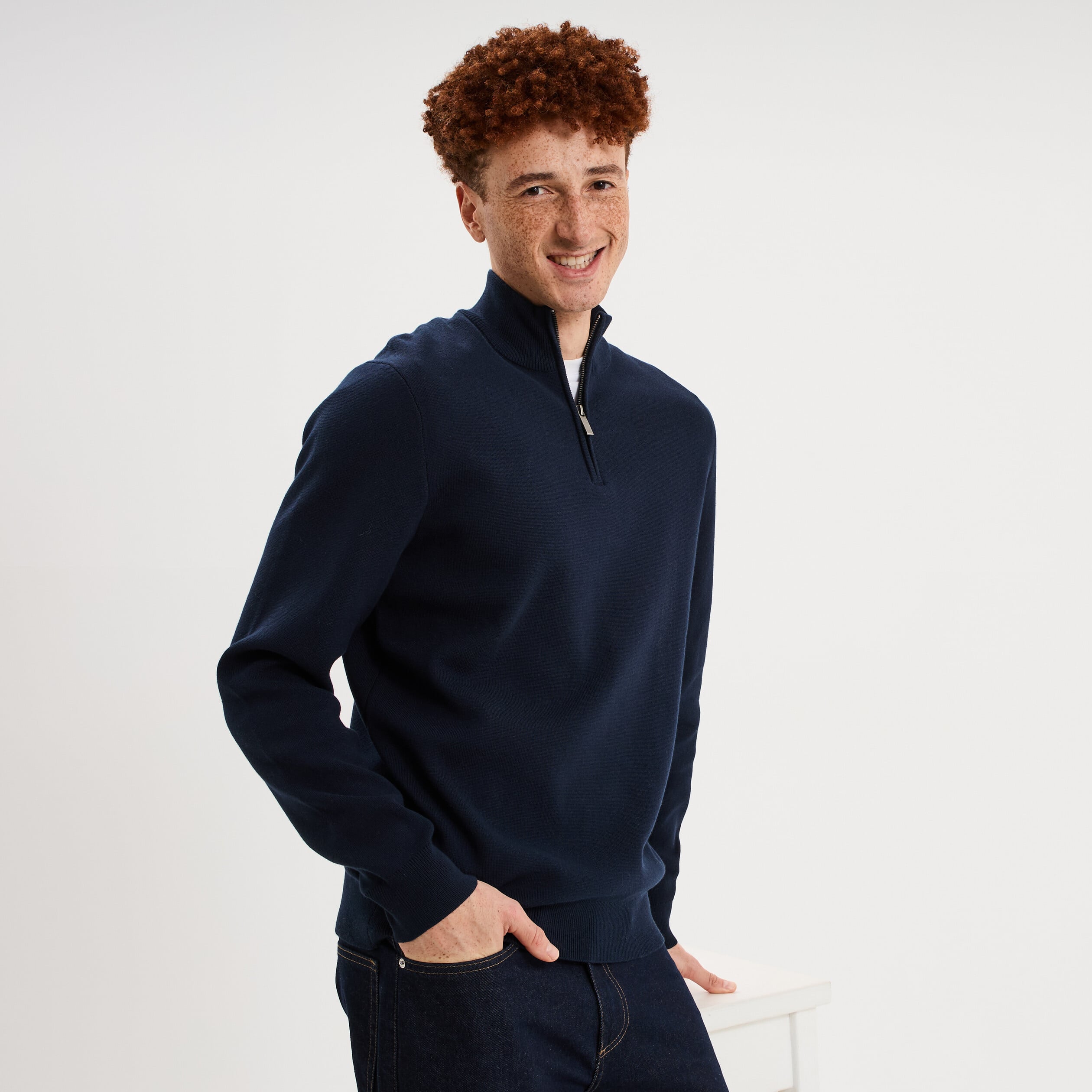 Pull camionneur manches longues bleu marine homme
