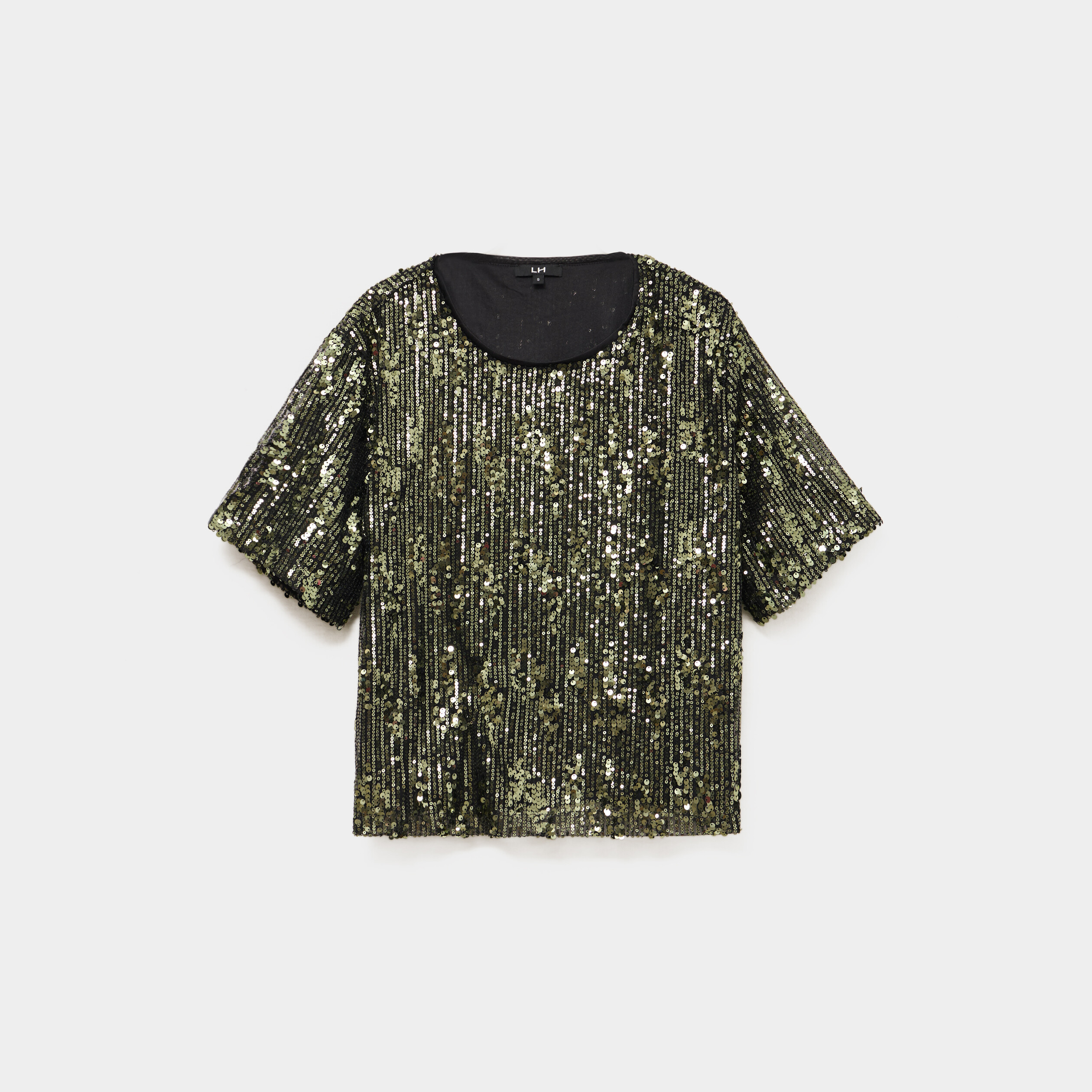 T-shirt &agrave; sequins manches courtes droit vert olive femme