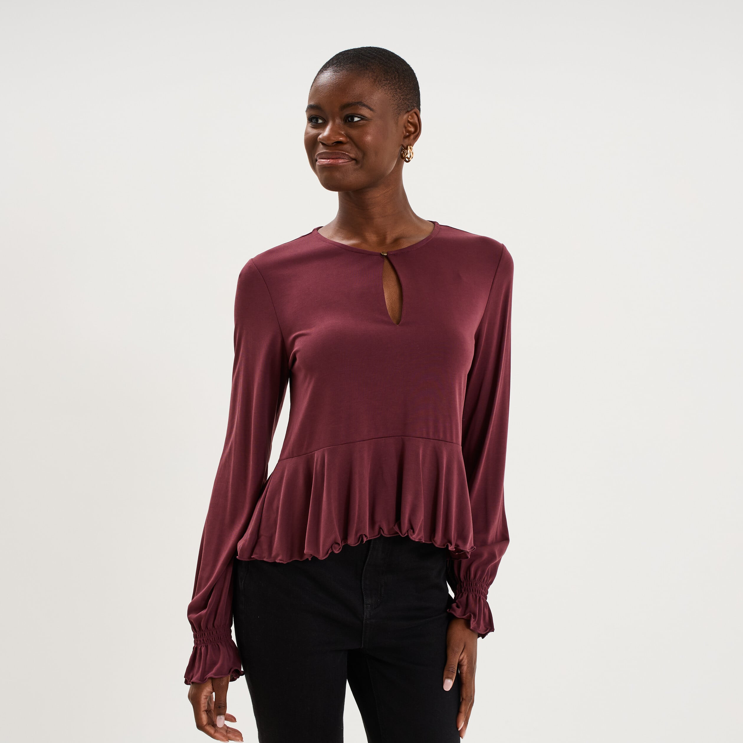 Blouse &agrave; volants manches longues violet fonc&eacute; femme